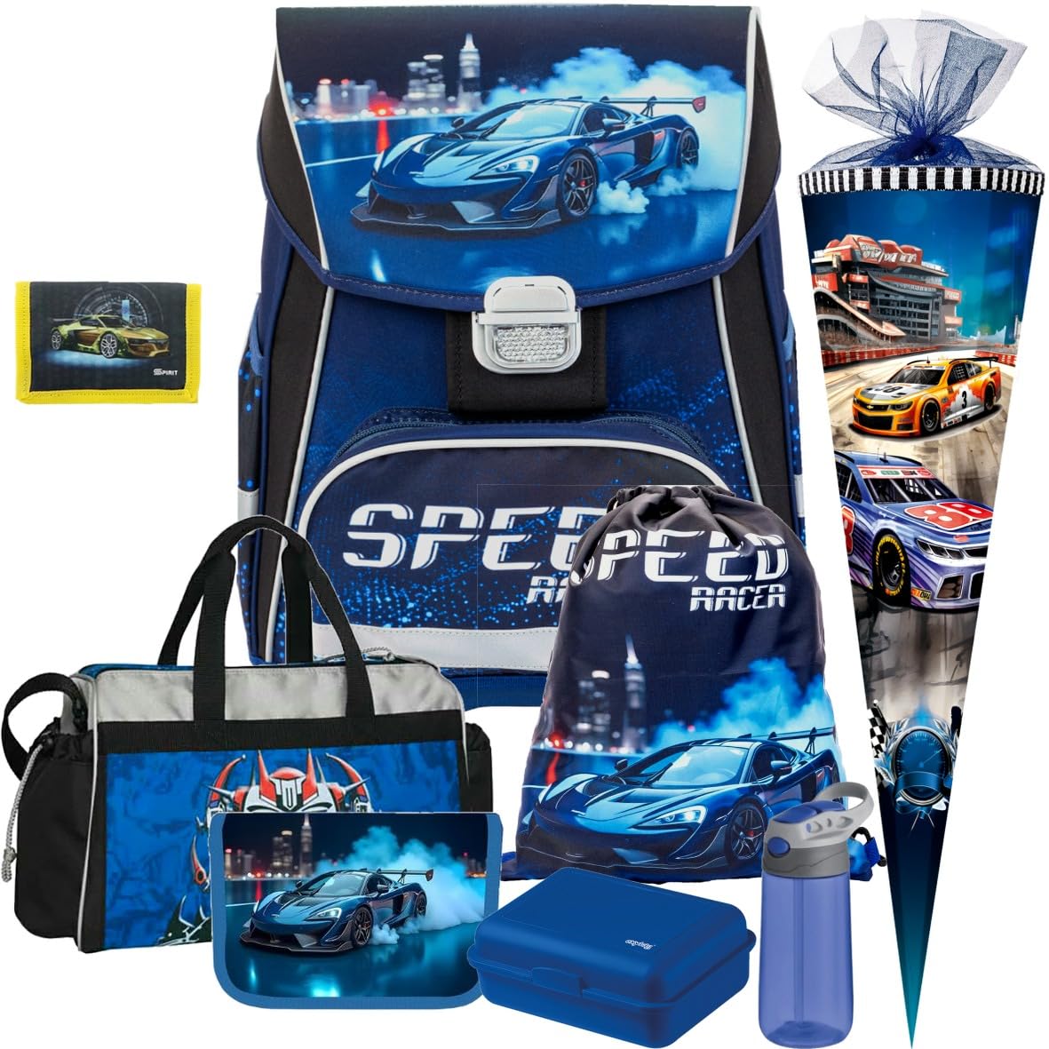 Oxybag Speed Racer Auto Premium One Schulranzen-Set mit Brotdose, Trinkflasche, Brustbeutel (8tlg. mit Sporttasche, Schultüte H)