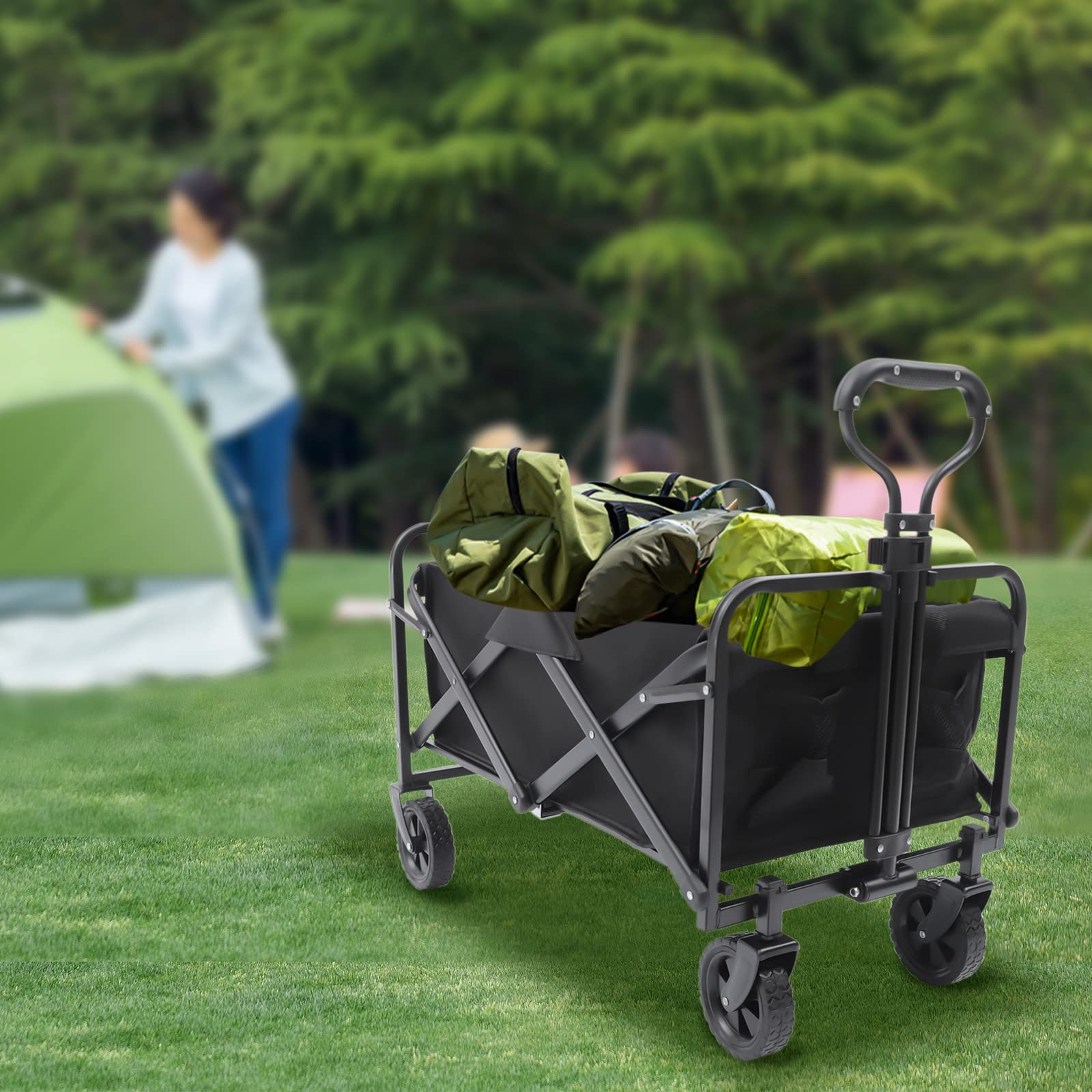Faltbarer Handwagen - Klappbarer Bollerwagen für Garten, Strand und Camping - Outdoor Transportkarre mit Gummirädern - Verstellbarer Griff und 2 Getränkehalter - Bis zu 80kg Tragkraft
