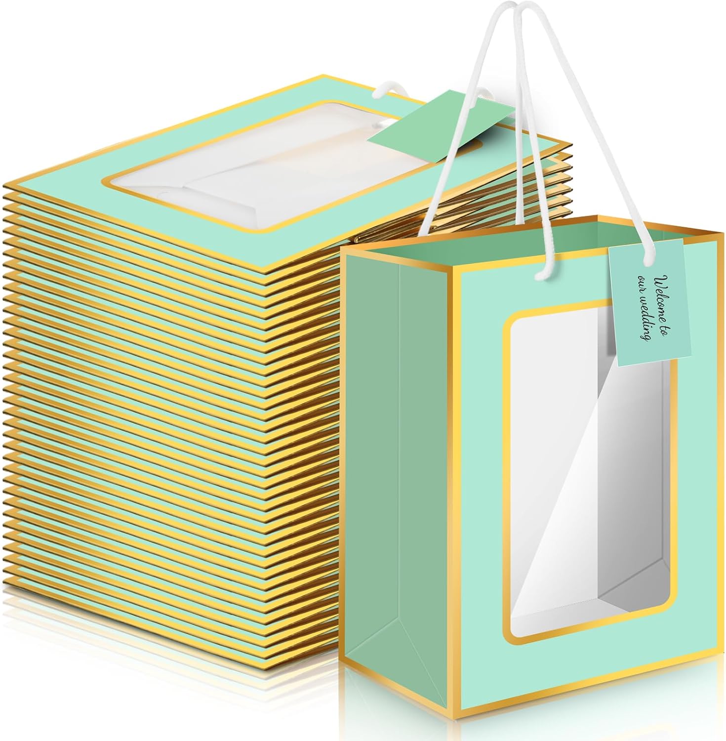 Affrolling 36 Pcs Sage Green Kraft Paper Gift Bags with Clear Transparent Windows, Handles and Tags 7.1 x 5.12 x 9.84 Inch Clear Gift Bags for Wedding Mother's Day Gift Wrap