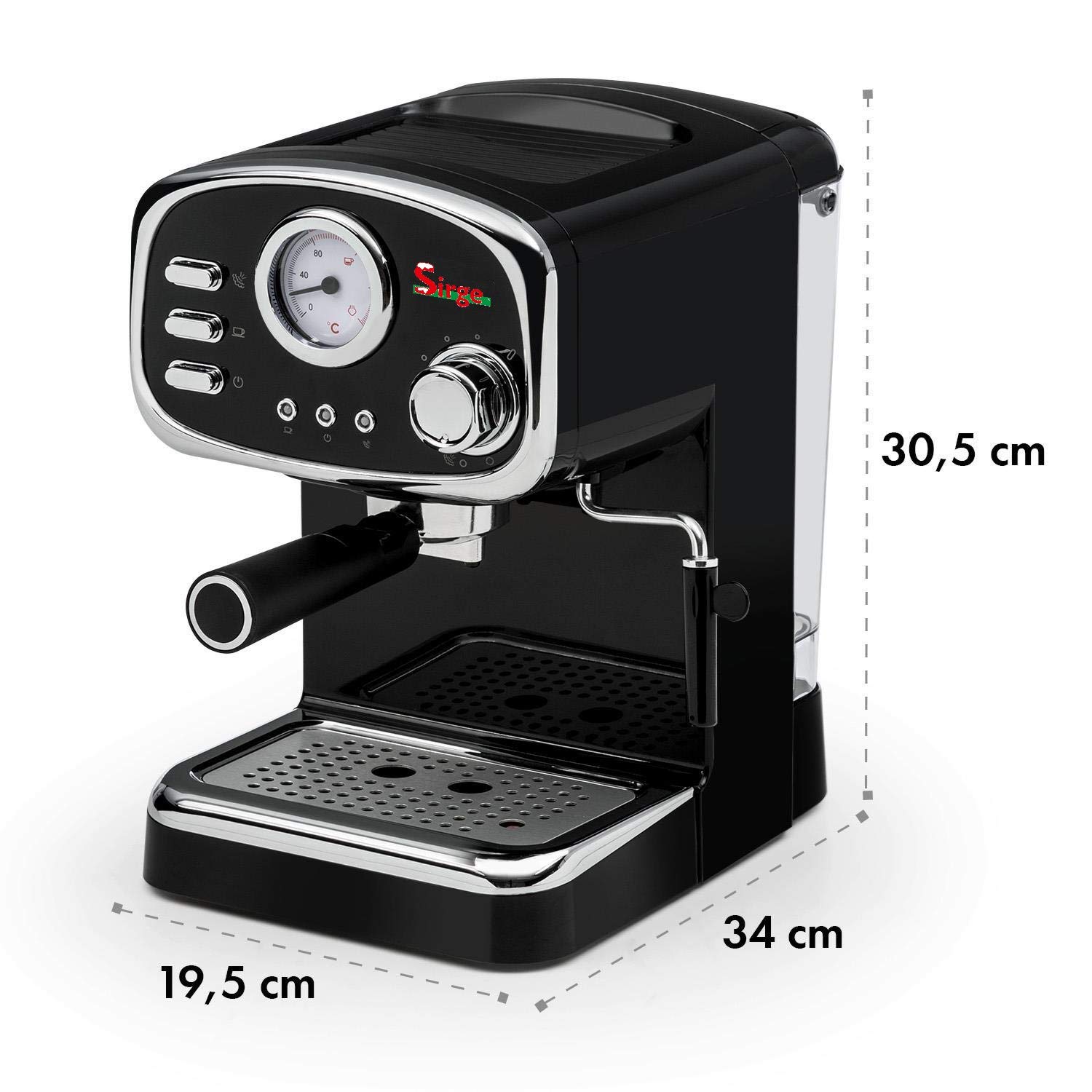 Sirge CREMILDA Caffè Retrò - Macchina per caffè espresso per polvere e cialda ESE, 15 bar [POMPA MADE IN ITALY], 1100W, Serbatoio dell'Acqua 1,25 L Rimovibile • Ugello Vapore Cappuccino, NERA