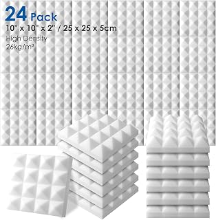 Arrowzoom 24 Pieces of 10x10 x2 in Pyramid Acoustic Panel Soundproof Foam Wall Panel Tiles Noise Cancelling Treatment Accessories for Home Studio SD1034 (Pearl White)