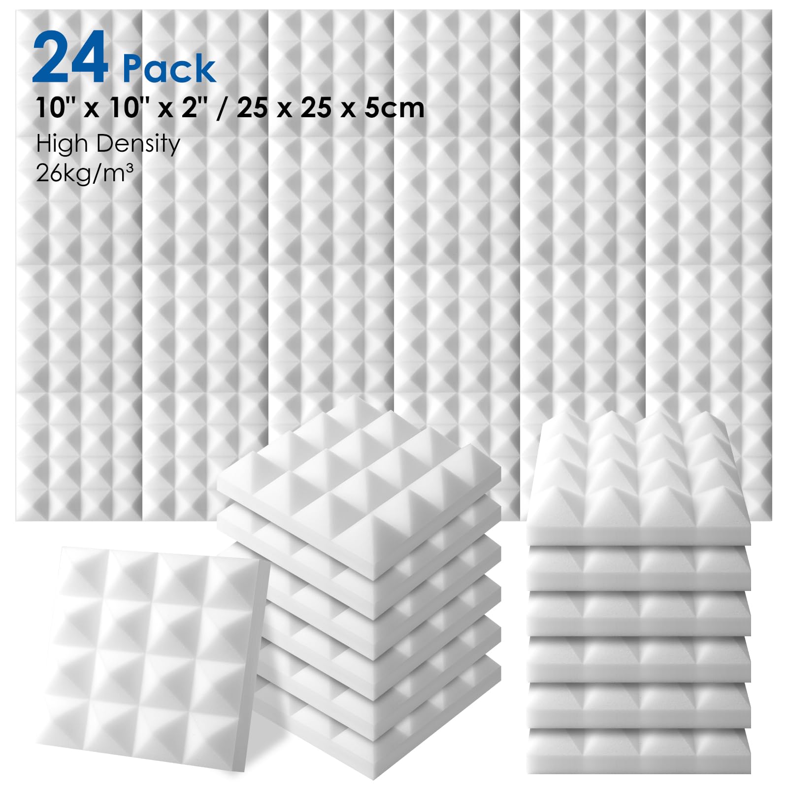 Arrowzoom 24 Acoustic Panels Pyramid Sound Absorbing Acoustic Treatment Tiles 25x25x5cm Recording Studio Noise Cancellation 26kg/m3 High Density Acoustical Dampening Fire Retardant 1034 PEARL WHITE