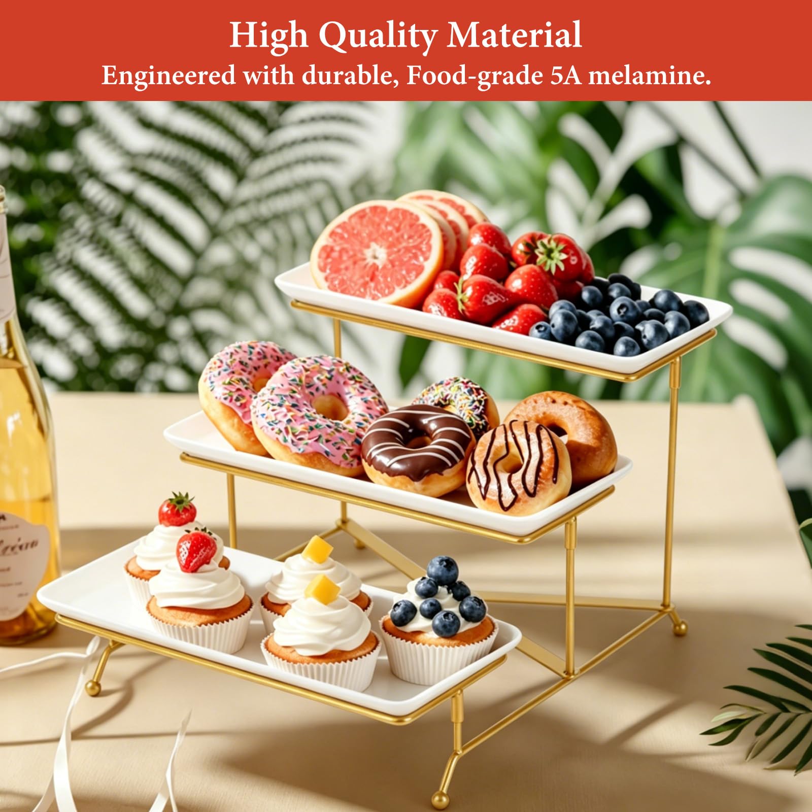 Etagere 3 Etagen, 33x15.6cm Lebensmittelständer mit Weißen Servierplatten mit Zusammenklappbaren Sturdier Stand Buffet Party Zubehör für Party Obst Kekse Torte(Weißgold)