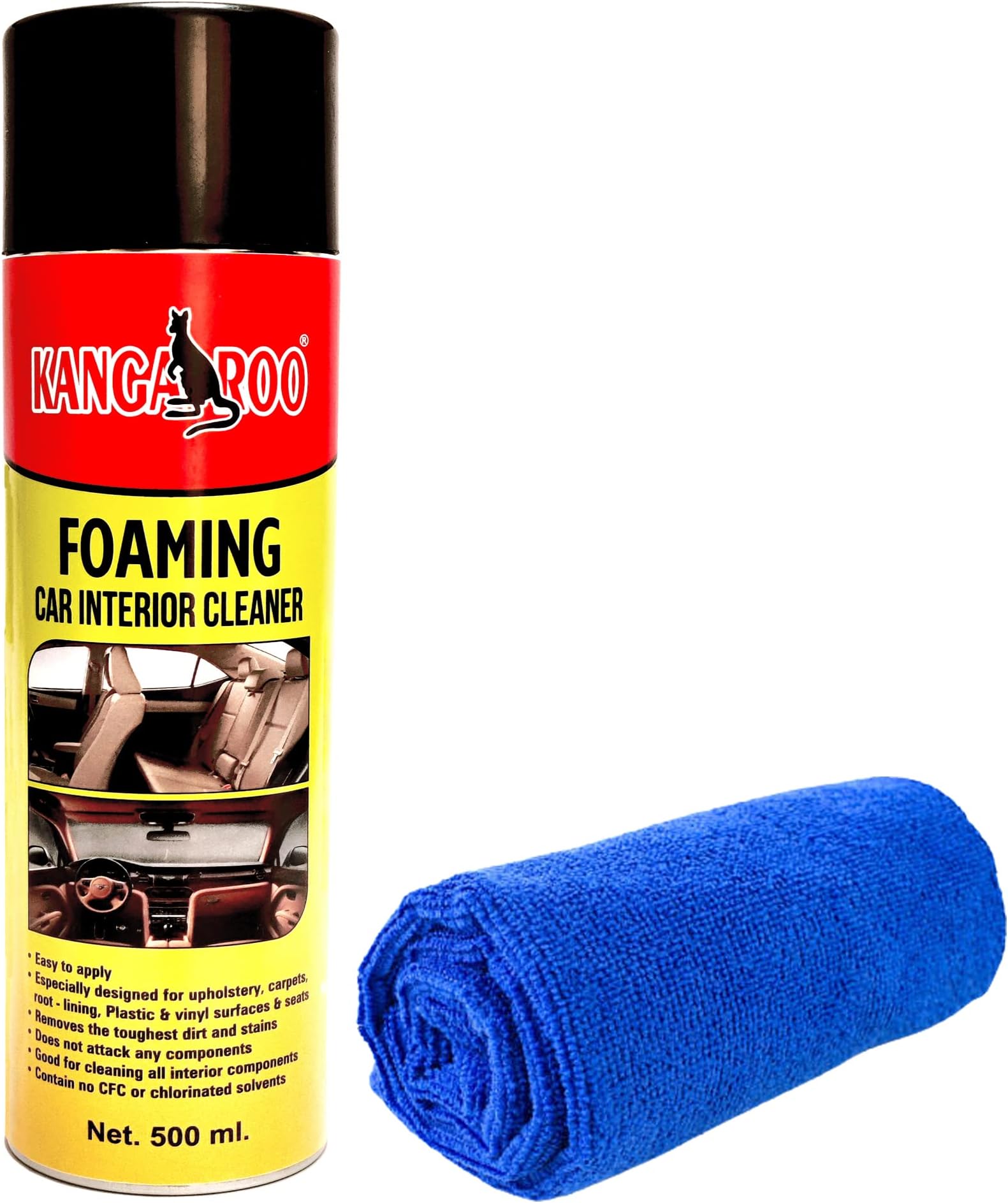 Kangaroo® Foaming Car Interior Cleaner Spray 500 ML with Micro Fiber Towel Leather (Car Seat, Leather Sofa) | Plastic, Leather, Vinyl, Rubber, Car Interiors (Pack of 1)