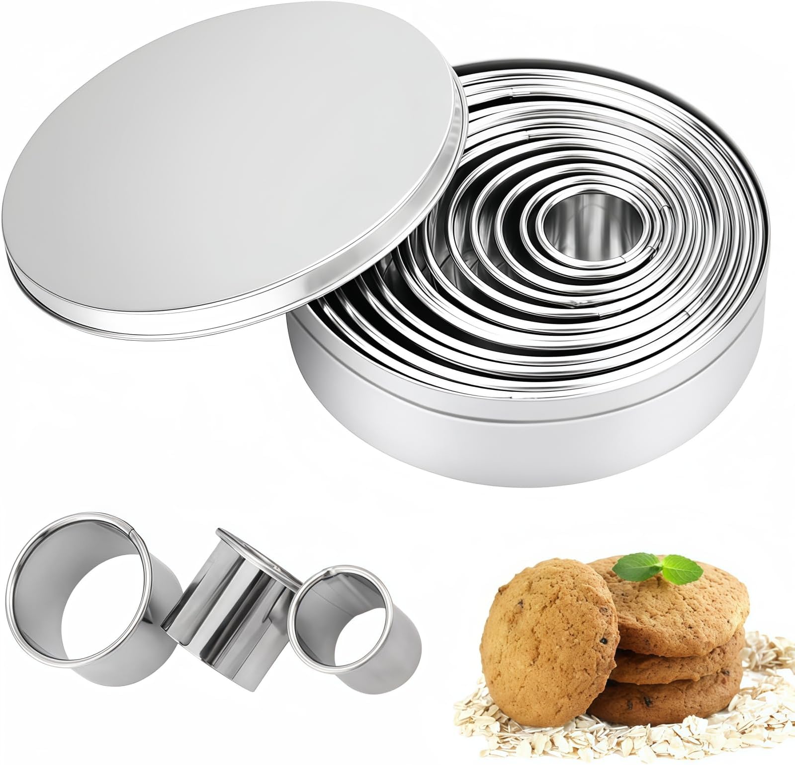 Round Biscuit Cutters,12 Pcs Round Cookie Cutters,Stainless Steel Ring Cookie Cutter,Pastry Cutter for Baking Dough Pastry Donut Fondant DIY Cake