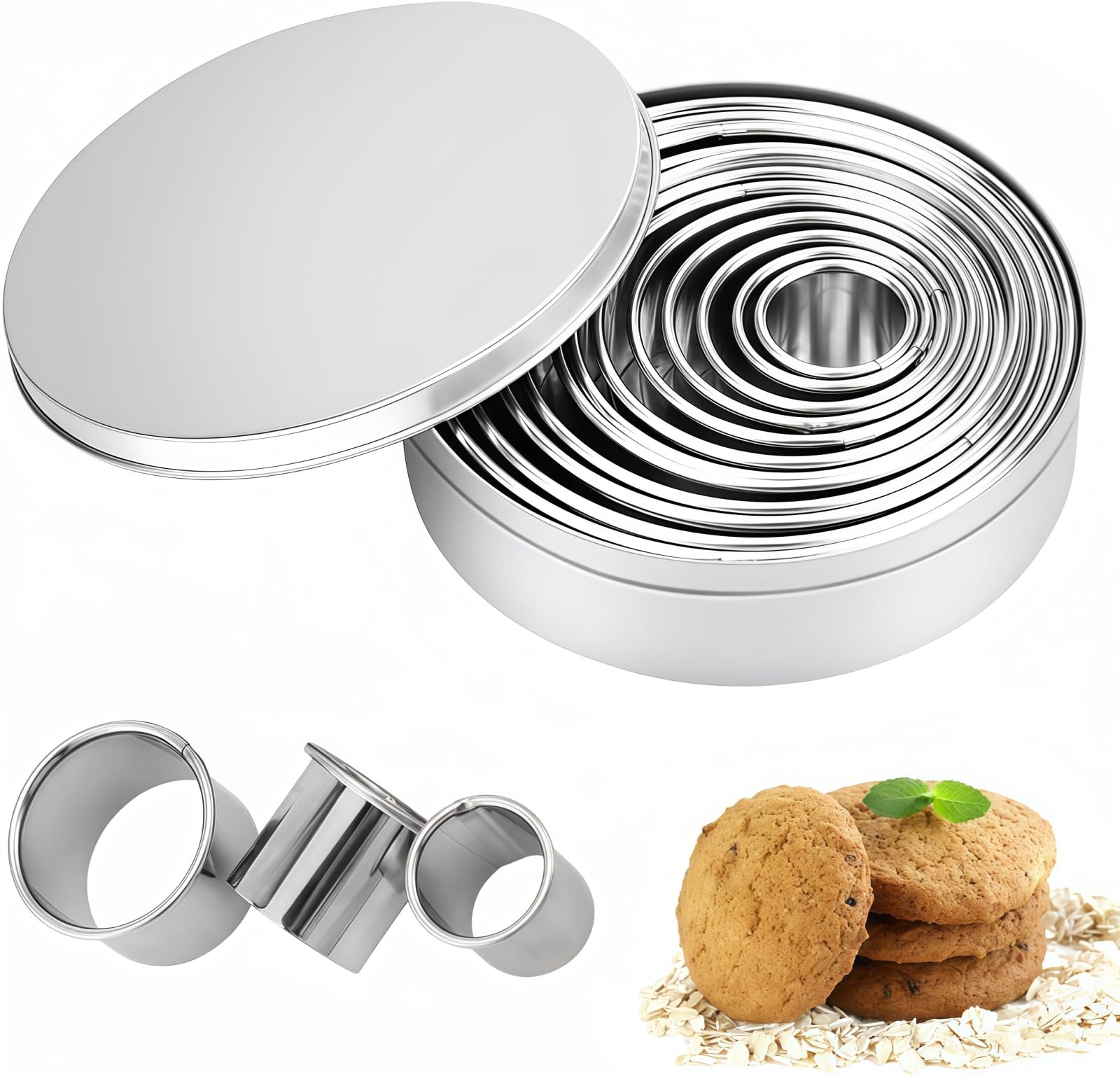 QHFlashbuy Round Biscuit Cutters,12 Pcs Round Cookie Cutters,Stainless Steel Ring Cookie Cutter,Pastry Cutter for Baking Dough Pastry Donut Fondant DIY Cake