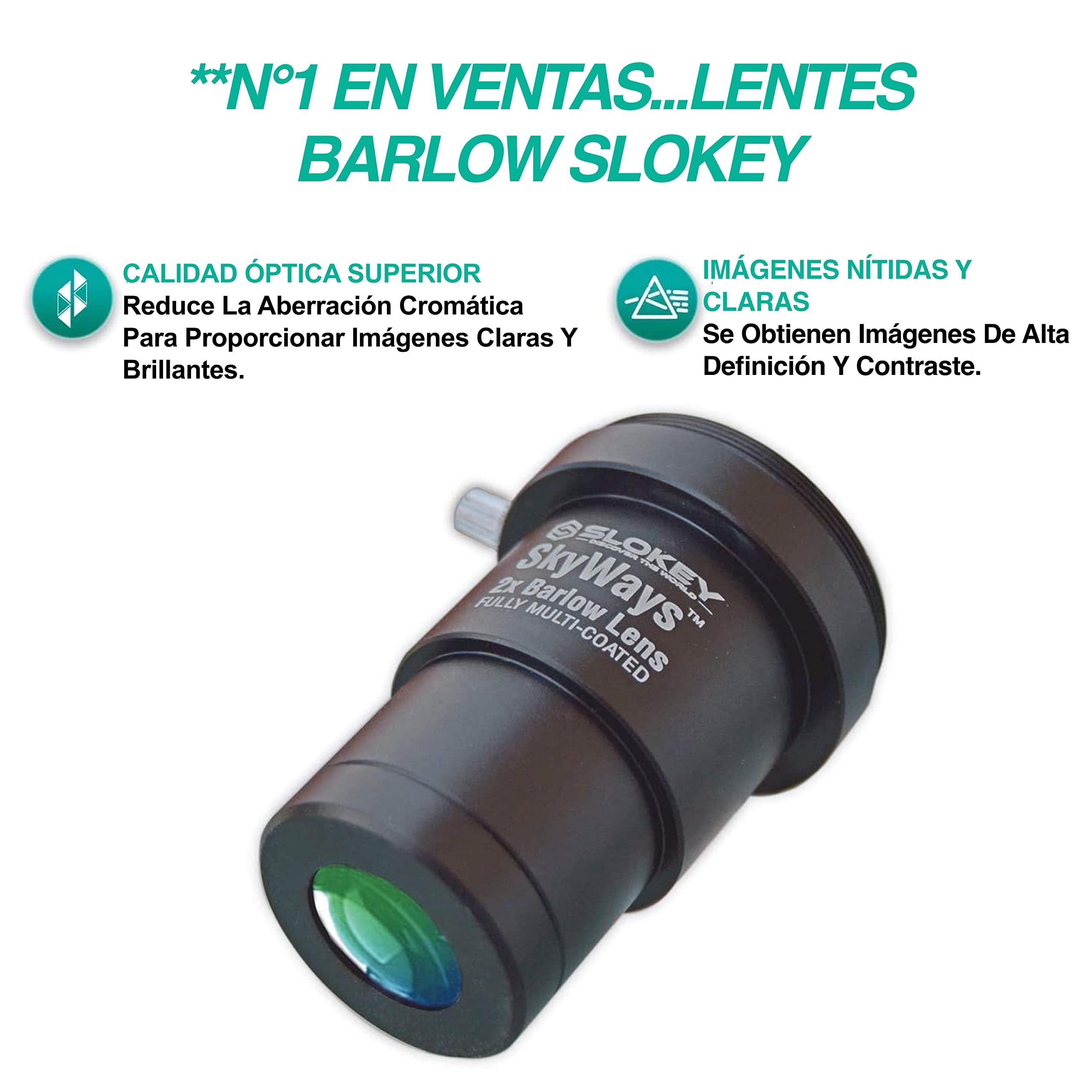 Lente Acromática Barlow 2X Pro Slokey SkyWays de Calidad Óptica Superior tratada con FMC y Anti-reflejante para una Imagen Nítida y Luminosa - Súper Ligera, Compacta y Resistente (1,25”)