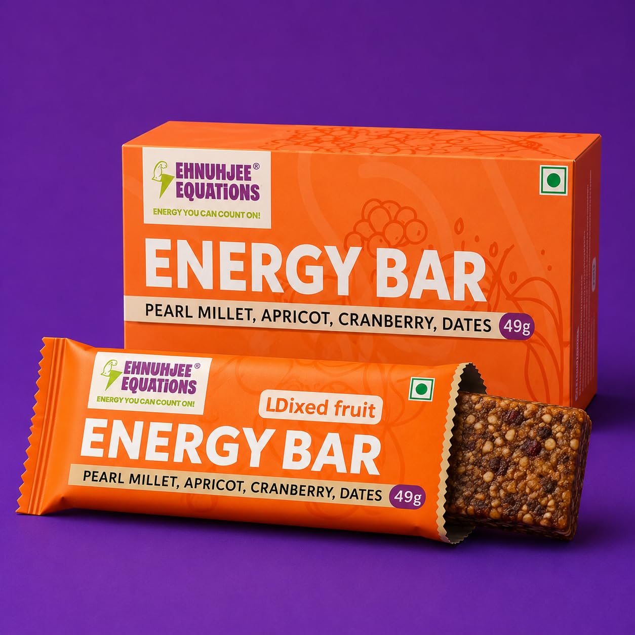 Energy Bar Mixed Fruit EHNUHJEE EQUATIONS Pack of 8 Energy Bars - 100% Millet Based | Vegetarian | 392g (49g X 8) | No refined sugar | Healthy Snack | For Pre & During Activity | Easy to Chew