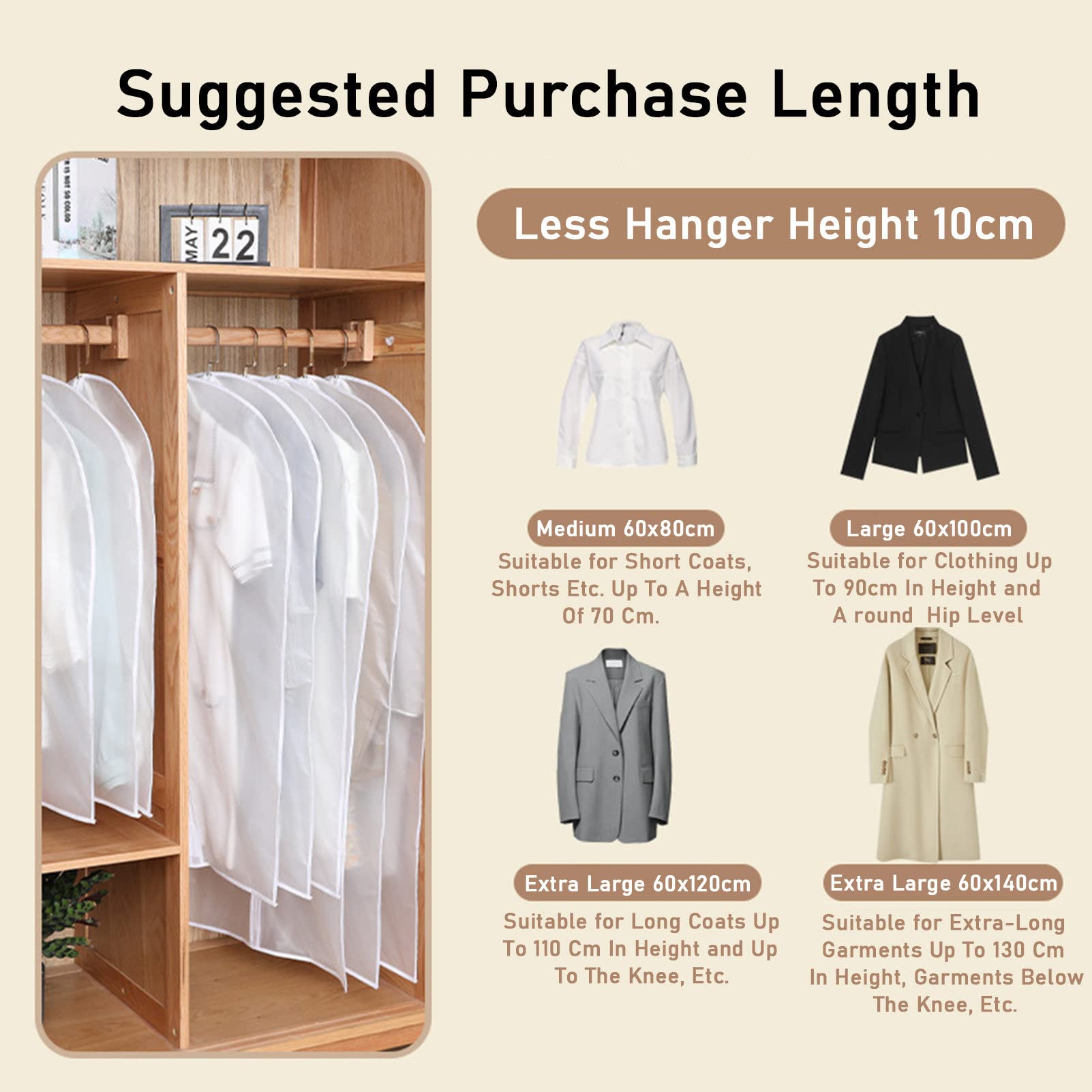 5 Fundas Antipolvo para Ropa para Colgar Ropa, Guardarropa, Almacenamiento, Viajes, Protectores de Plástico para Abrigos, Chaquetas, Vestidos, Camisas,60x100cm