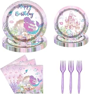 Mermaid Birthday Party Tableware Set 96 Pcs Under The Sea Disposable Plates Napkins Forks Mermaid Tail Castle Princess Theme Party Supplies for Girls Serve 24 Guests