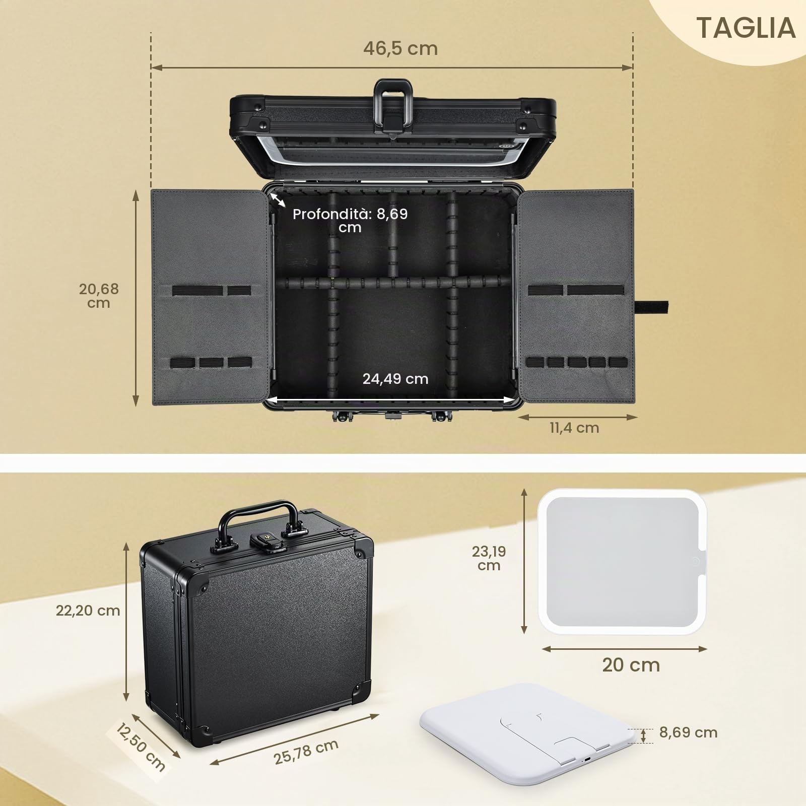 Valigetta Trucchi Professionale con Specchio LED Magnetico Illuminato a 3 Colori Beauty Case Portatile Nero con Serratura Scomparti e Portapennelli Ideale anche come Valigia per Trucchi, Nero