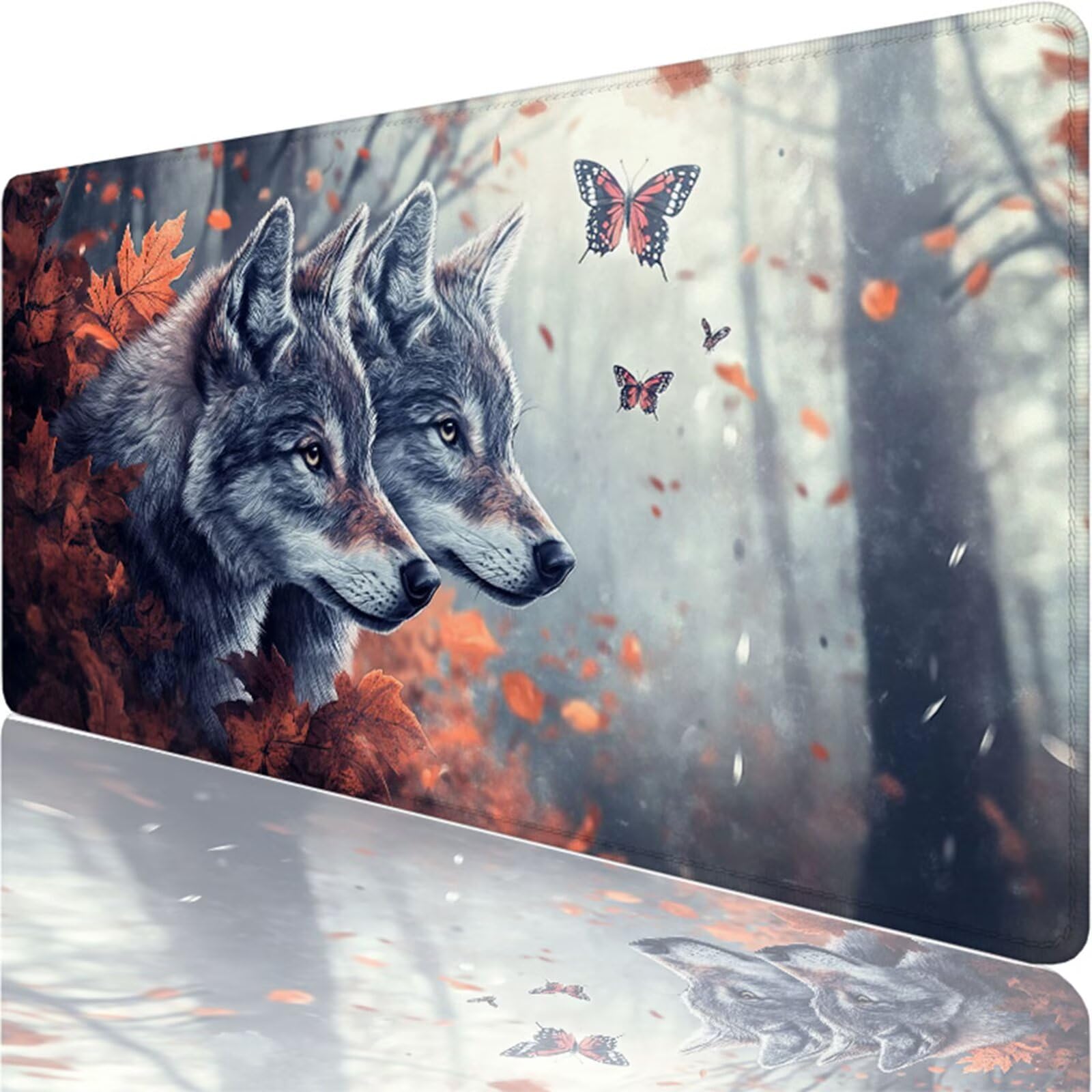 Tapis de Souris Gaming XXL,800x400x3mm Tapis de Souris gris,Grand Tapis de Bureau Sous Main avec Surface Spéciale Améliore la Vitesse et la Précision,Imperméable Mouse Pad Loup pour Jeux,Bureau XF-325