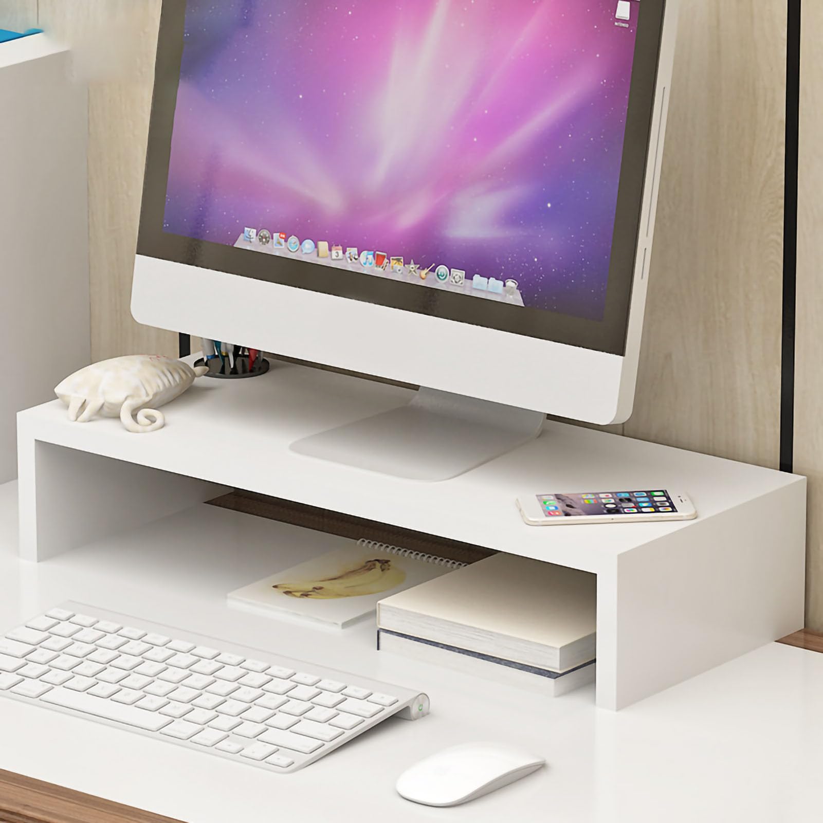 YUYTE Supporto Ergonomico con Spazio Aggiuntivo per la Scrivania, Elegante Base Rialzata Bianca Calda Migliore Postura e Organizzazione (Bianco caldo)