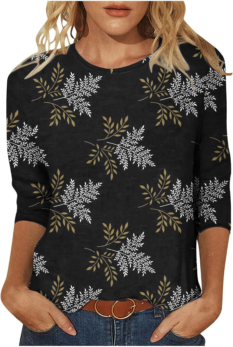 Blouses for Women Dressy Casual 3/4 Sleeve Printed Crewneck Tunic Shirts Loose Comfy Three Quarter Sleeve Blouses