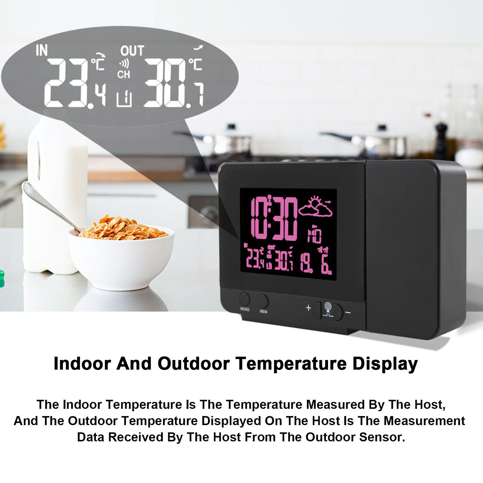 Reloj despertador con proyector giratorio de 180°, alarma dual, función de repetición, visualización de fecha y hora, temperatura interior y exterior, puerto de carga USB