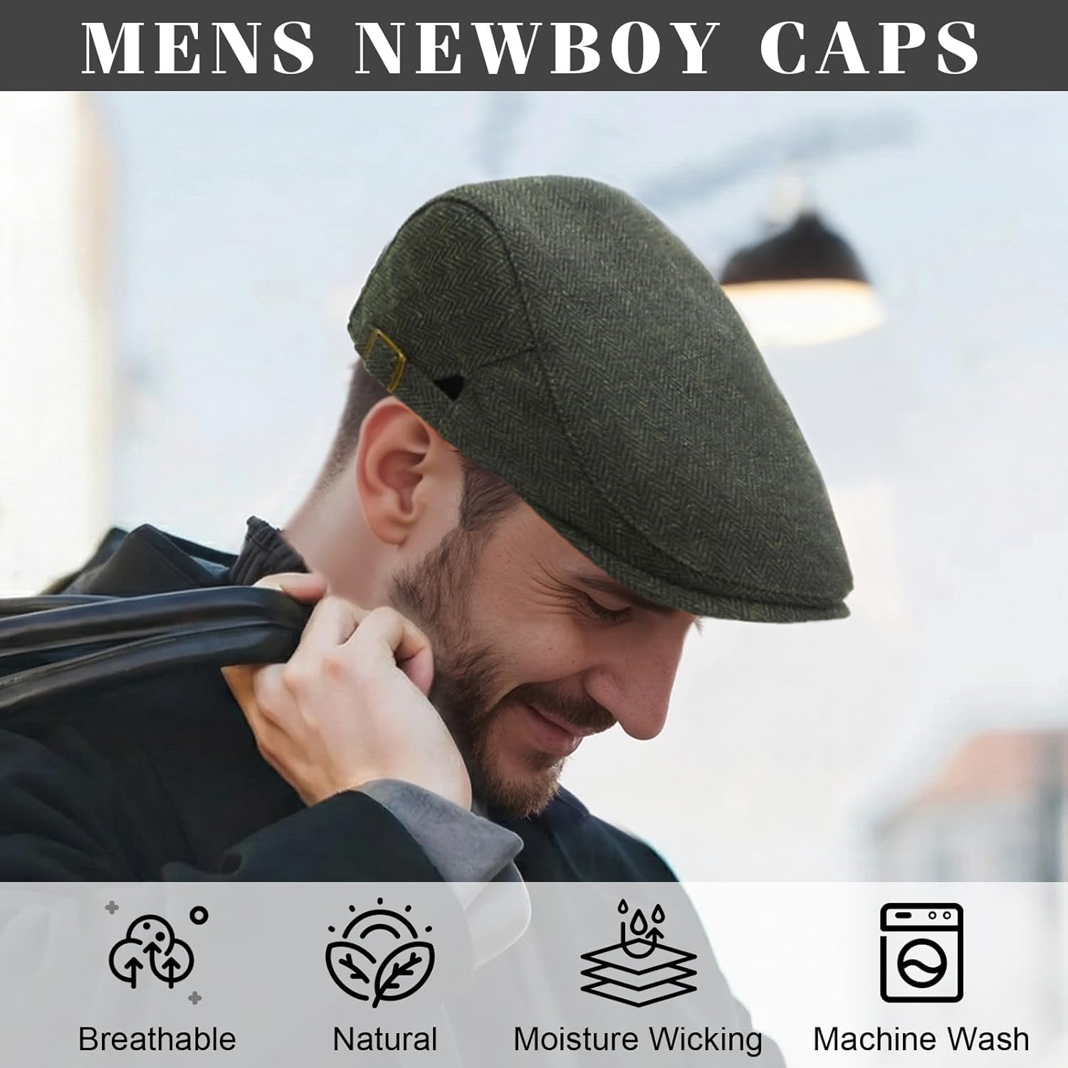 Senker Fashion 2 Pack Newsboy Cap for Men Adjustable Herringbone Tweed Wool Hats Blend Flat Cap Ivy Cabbie Driving Hat
