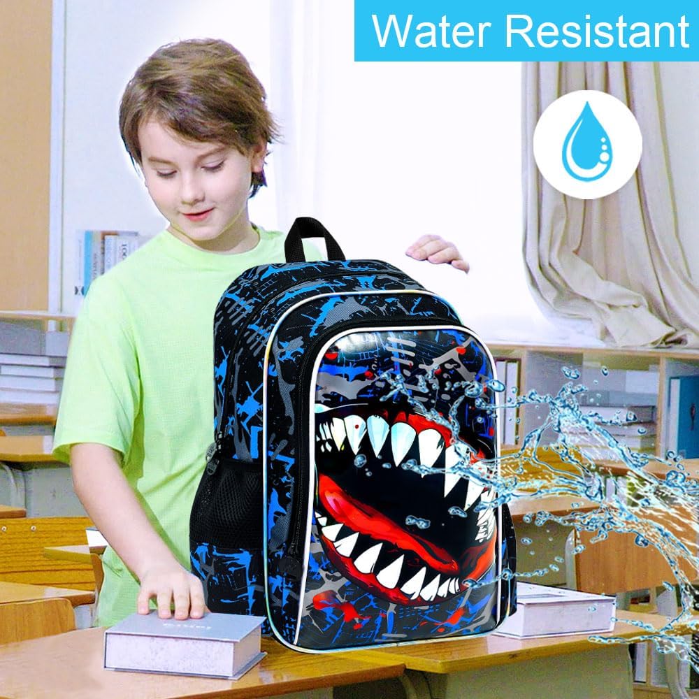 3Pcs Shark Backpack for Boys, 17" Kids Bookbag for Elementary Preschool Kindergarten, School Backpacks with Lunch Box (Blue) - Image 7