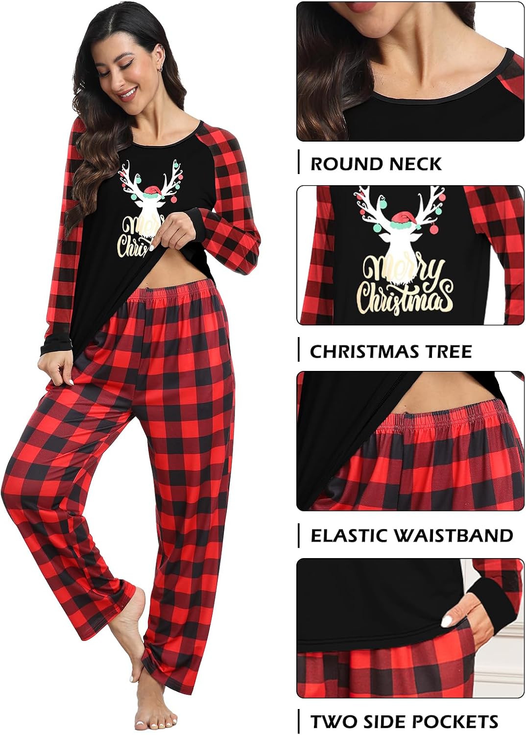 Christmas Pajamas for Couples Long Sleeve Christmas Plaid Pjs Xmas Sleepwear, Black Plaid & Red Plaid Tree-S