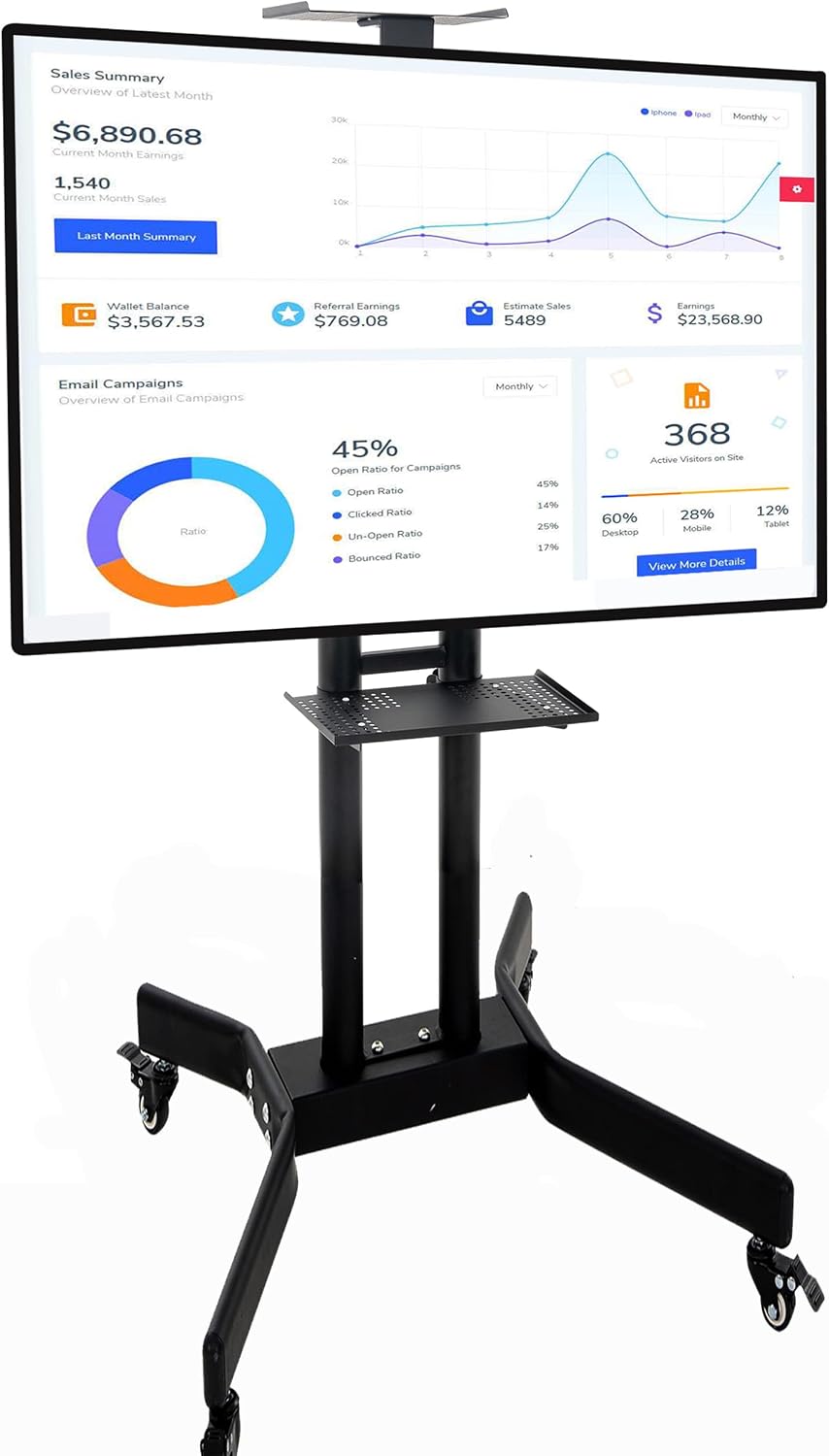 Mobile TV Stand with Wheels for 32-65 Inch TV Cart with Laptop Platform, Portable Rolling TV Stands with Height Adjustable Shelf, Max VESA Size 600x400mm