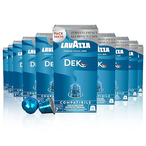 Immagine del prodotto Lavazza, Espresso Dek, 100 Capsule di Caffè in Alluminio Compatibili con Macchine Nespresso Original, Note di Frutta Secca e Cioccolato, Arabica e Robusta, Intensità 7/13, Tostatura Media, 10 Pack