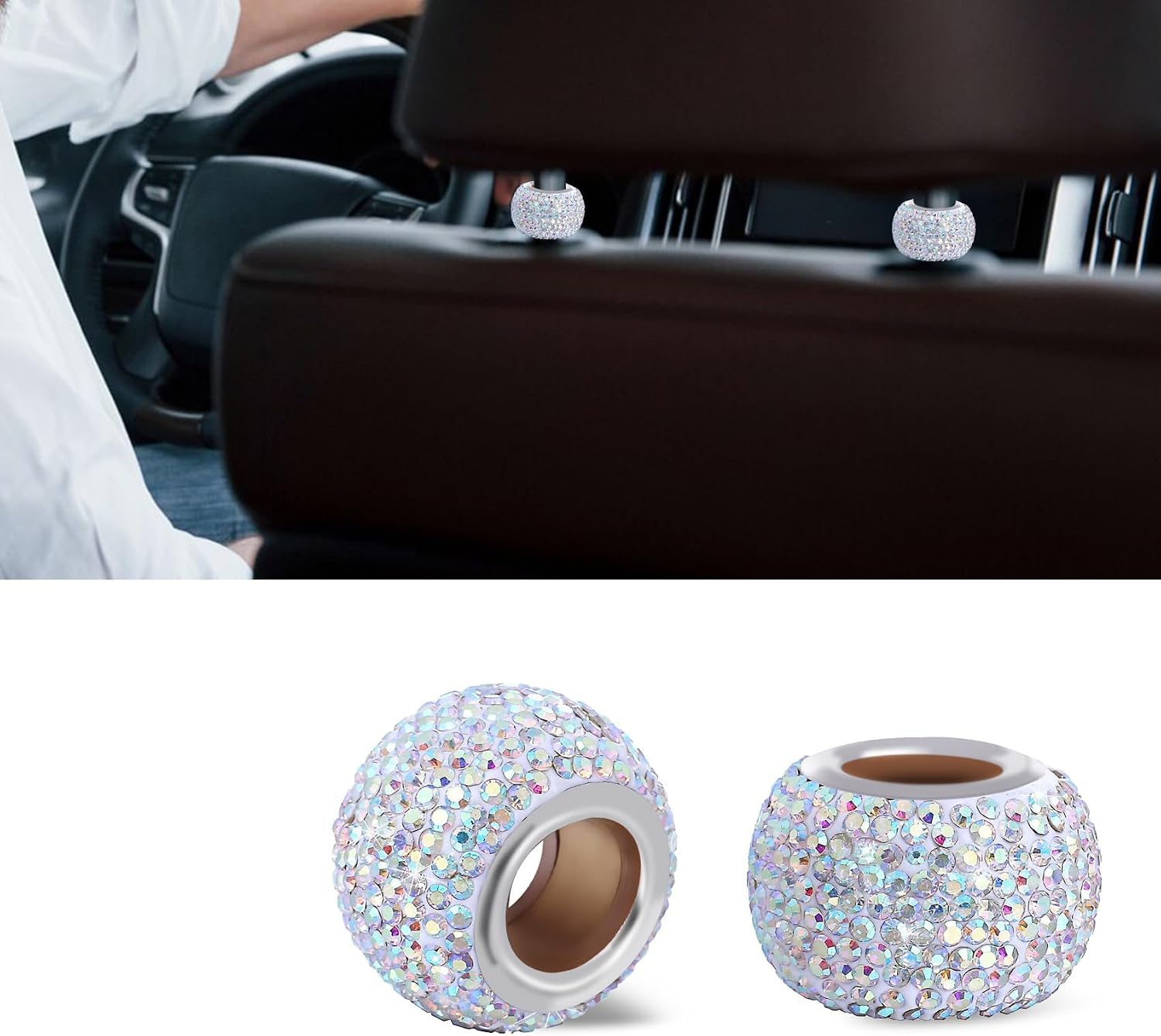 2PCS Car Headrest Collars, Car Head Rest Decor, Crystal Rhinestone Automotive Head Rest Collars, Diamond Automotive Seat Interior Charms Accessories Universal for Cars RVs SUVs Trucks (White)