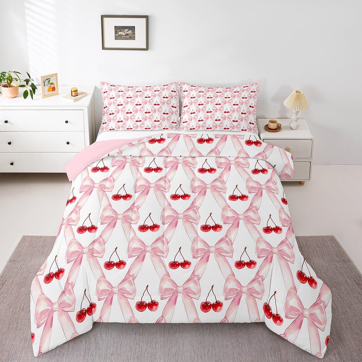 Erosebridal Cute Bow Bedding Set,Red Cherry Down Comforter for Girls Kids Teen Room Decor,Geometric Bowknot Queen Comforter Set Soft Lightweight Duvet Set