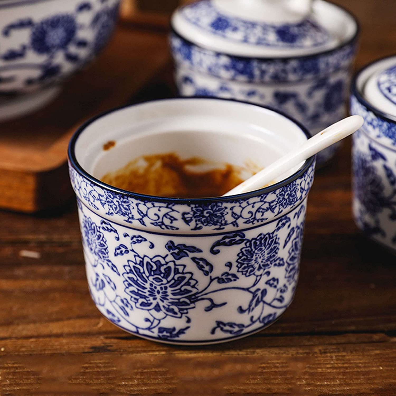 Keramische Gewürzdosen, Gewürzdosen, Chinesische und Porzellan-Zuckerdose mit Deckel, Porzellan-Zuckertopf mit Löffel, Kleiner Salztopf und Einzeltopf
