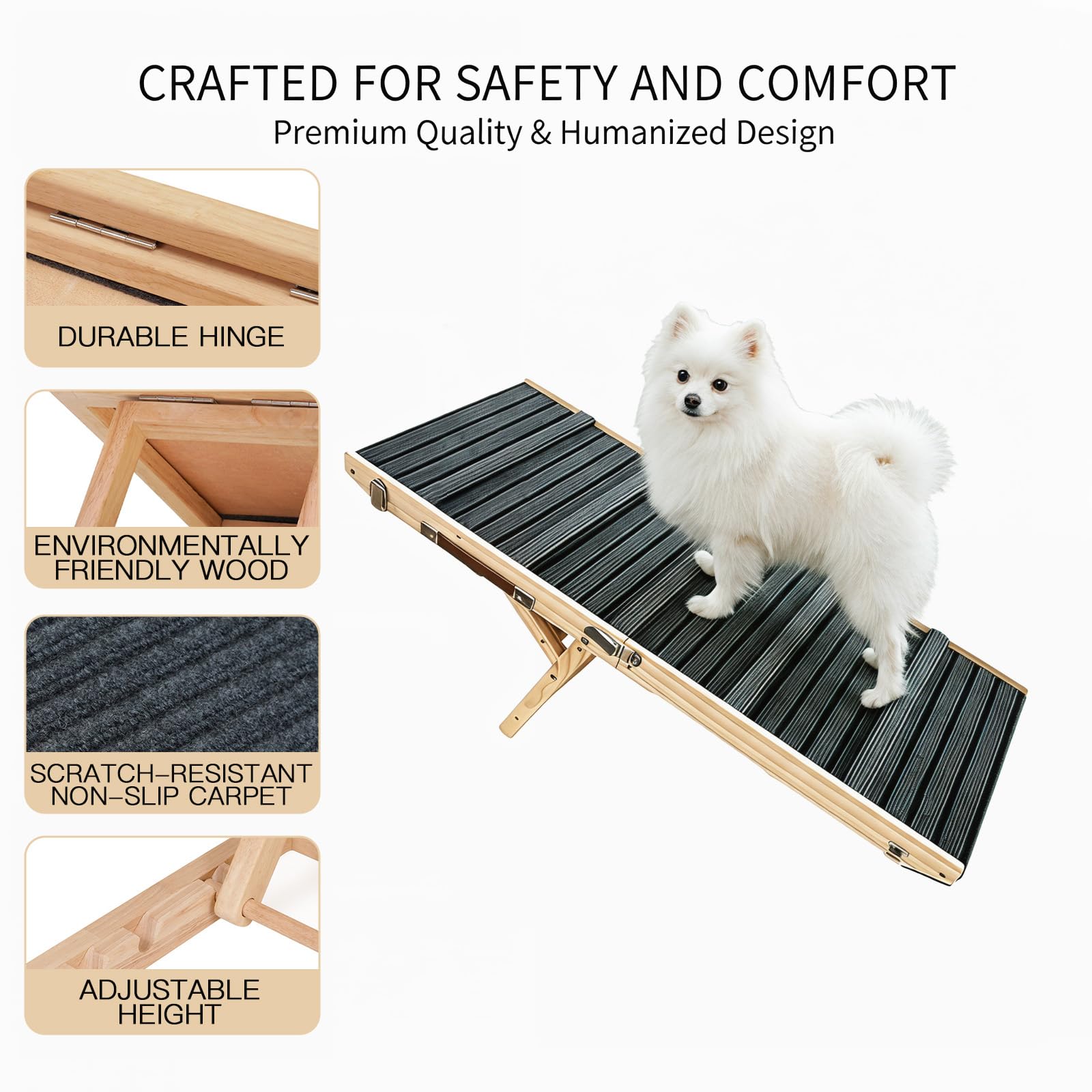 Hunderampe aus Holz, Hunderampe Auto Klappbar mit Nahtloser Verbindung zur Plattform, Klappbar Rampe für Kleine Hunde Katzen, Einstellbar Hunderampe für Sofa, Bett, Auto-bis zu 50kg (M)