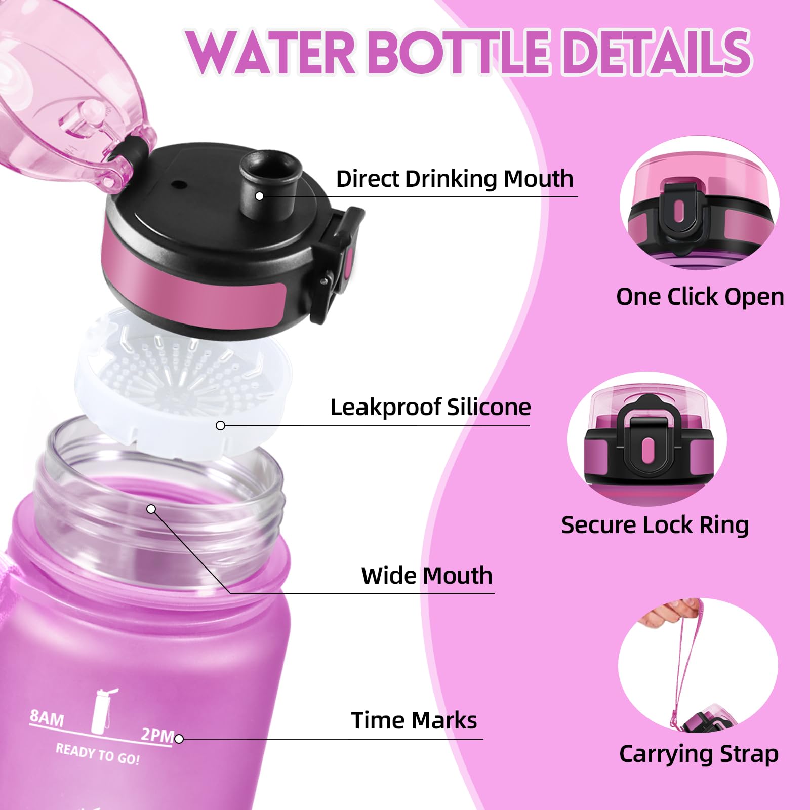Motswedi Borraccia 1 litro, con Filtro, Borraccia Motivazionale, Prova di Perdite, Senza BPA, Bottiglia Acqua, con Marcatori di Tempo, per Scuola, Palestra, Ufficio, Ciclismo, Rosa Rosso & Ciano