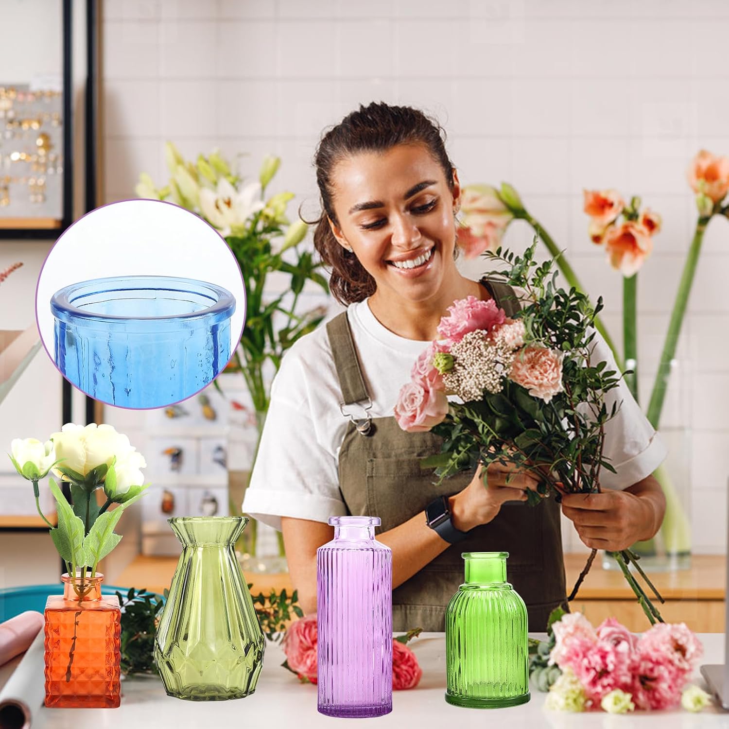 12 Pcs Glass Bud Vases in Bulk, Mini Vintage Flower Vases for Centerpieces, Colored Small Vases for Flowers, Glass Bottles for Home Wedding Parties Table Decoration, Many Colors