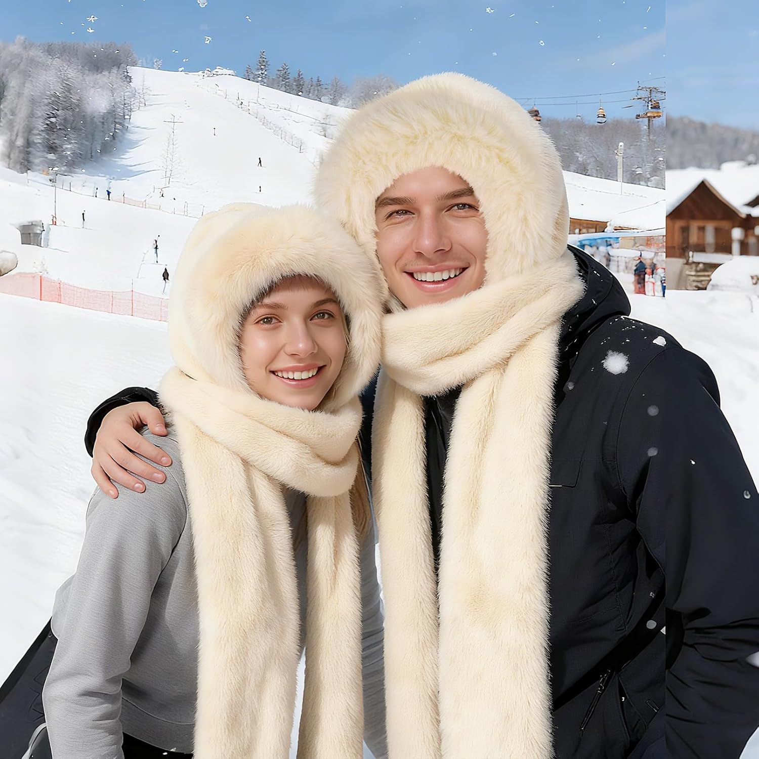 Hooded Scarf for Women Winter - Faux Fur Scarf Hat Gloves 3 in 1 Set Soft Thick Warm - Image 6