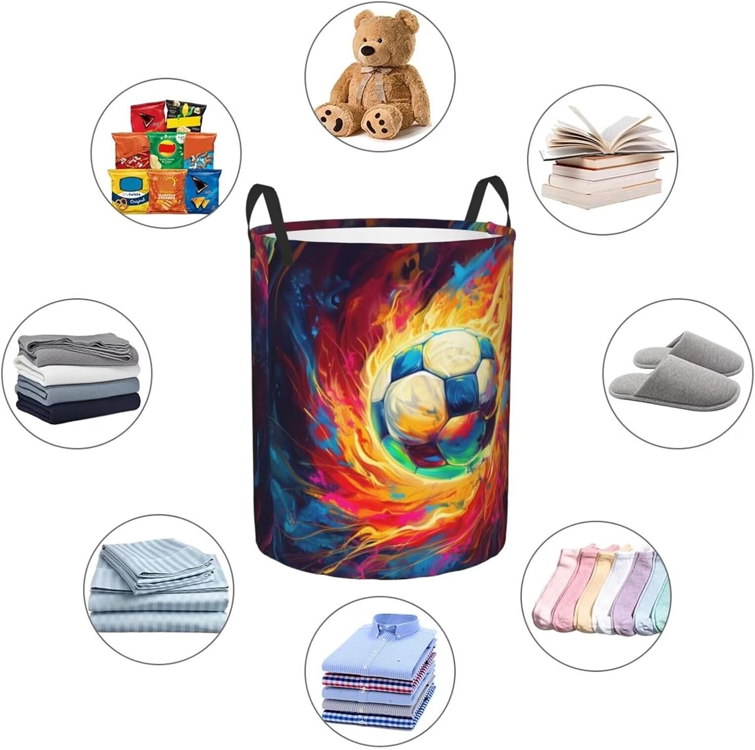 Soccer Ball Laundry Basket Collapsible Laundry Hamper Canvas Sport Ball On Fire Watercolor Fabric Organizer Basket for Storage Bin Toy Bins Baskets Bedroom Clothes Baskets, Large