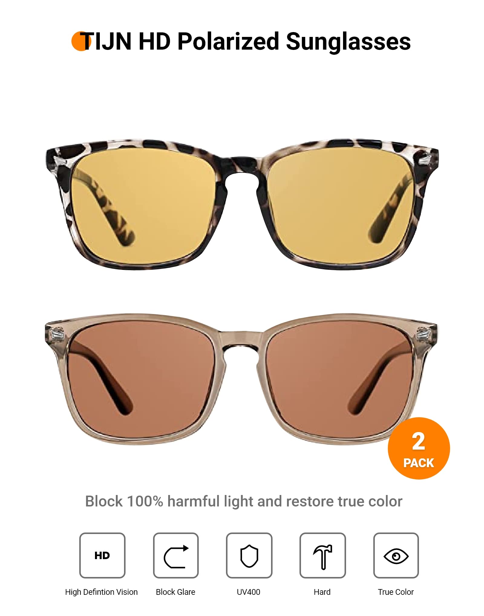 TIJN Polarized Sunglasses for Womens and Mens,Classic Square Frames Shades for UV Protection, Stylish and Trendy Sunnies