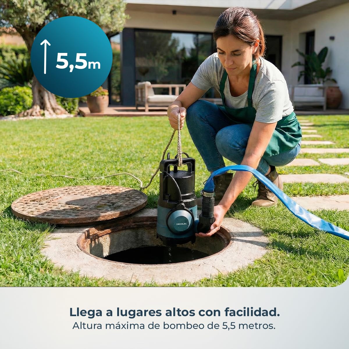 Cecotec Bomba de Aguas Sucias Axike 400 Dark. 400W, Caudal hasta 8000L/h, Altura Máx 5,5m, Profundidad 7m, Partículas hasta 25mm, Interruptor Flotante, IPX8, Cable 10m y Cuerda de Nylon 8m — view 4
