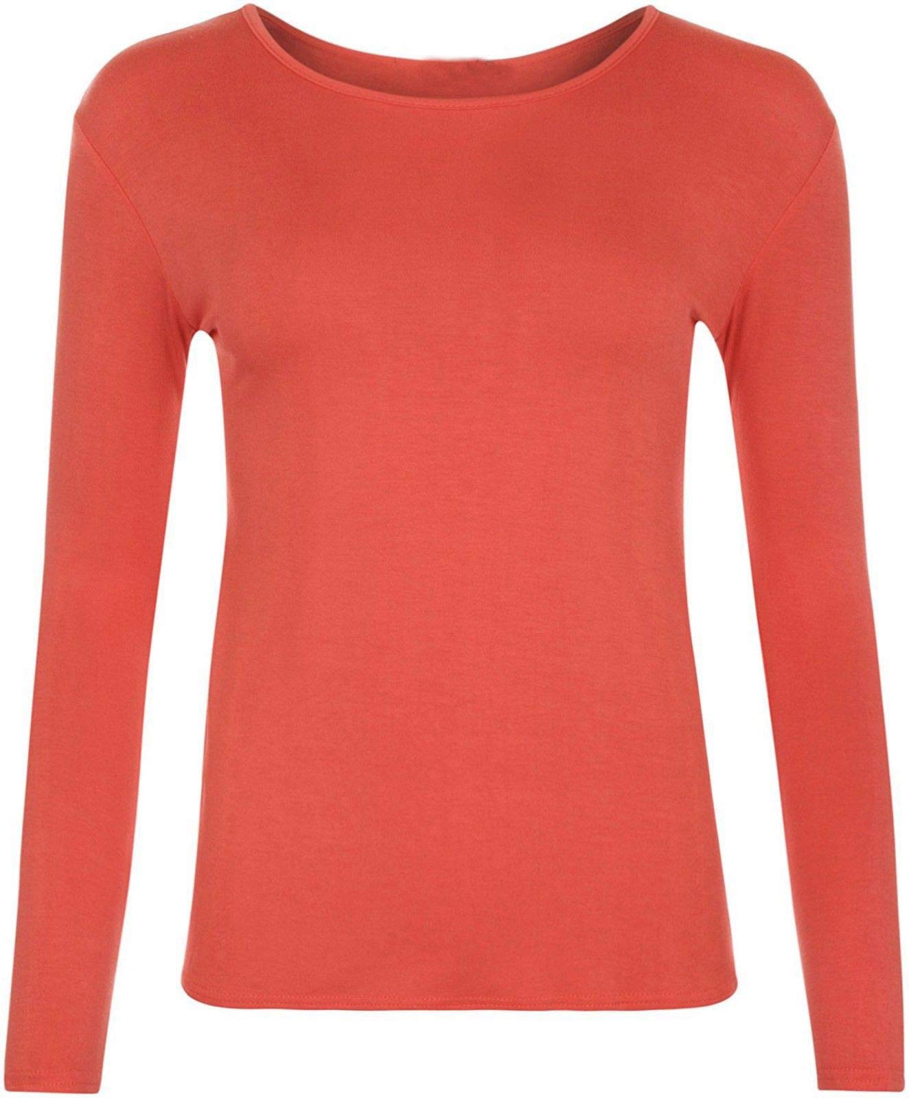 Ladies Women Basic Long Sleeve Plain Round Neck Ladies Stretch Plus Size Top T Shirt (Coral, ML)