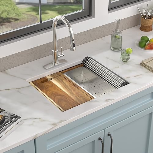 Miniatura 2 de Fulorni - Fregadero de barra de montaje inferior 23 pulgadas x 19 pulgadas, estación de trabajo de acero inoxidable calibre 16, fregadero de cocina