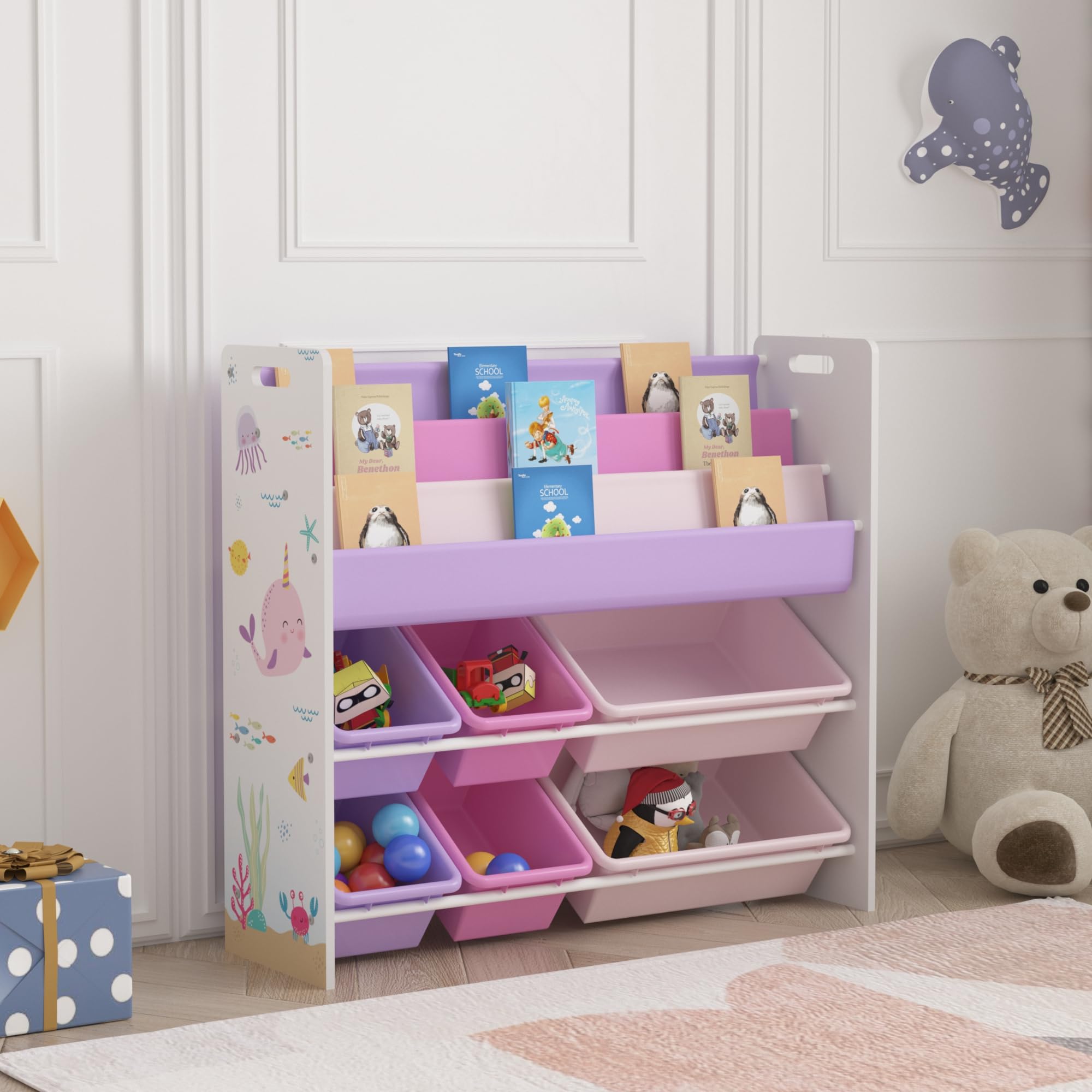 [en.casa] Scaffale per Cameretta con Contenitori Morbidi a Scaletta per Libri e Vaschette Porta Giochi Mobile a Misura di Bimbi 78x86x27 cm Decorazione Oceano