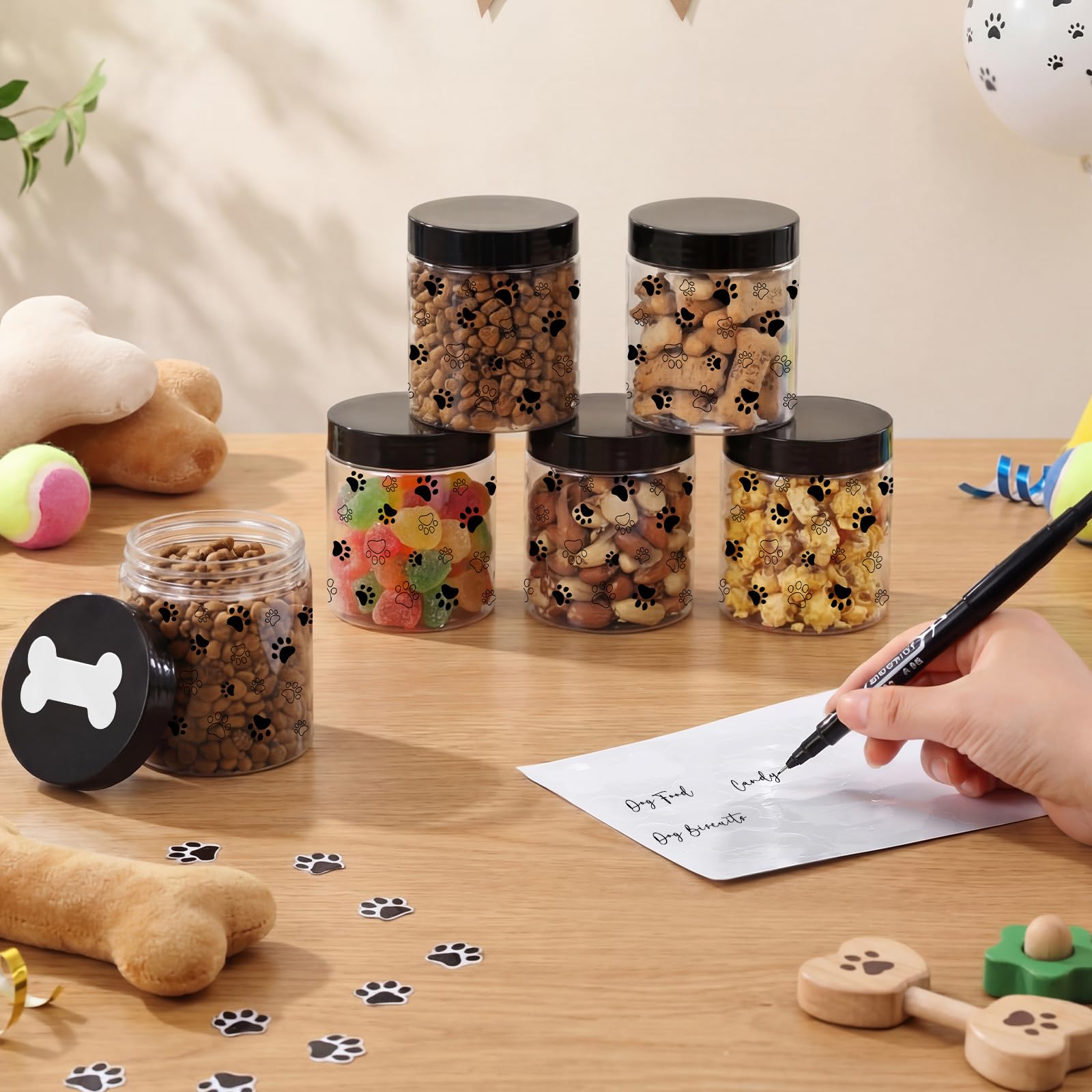 Suclain Confezione da 12 barattoli in plastica da 226,8 g, con coperchio con etichette per osso, piccoli contenitori vuoti trasparenti per alimenti secchi, snack, snack per cani, gatti, feste di