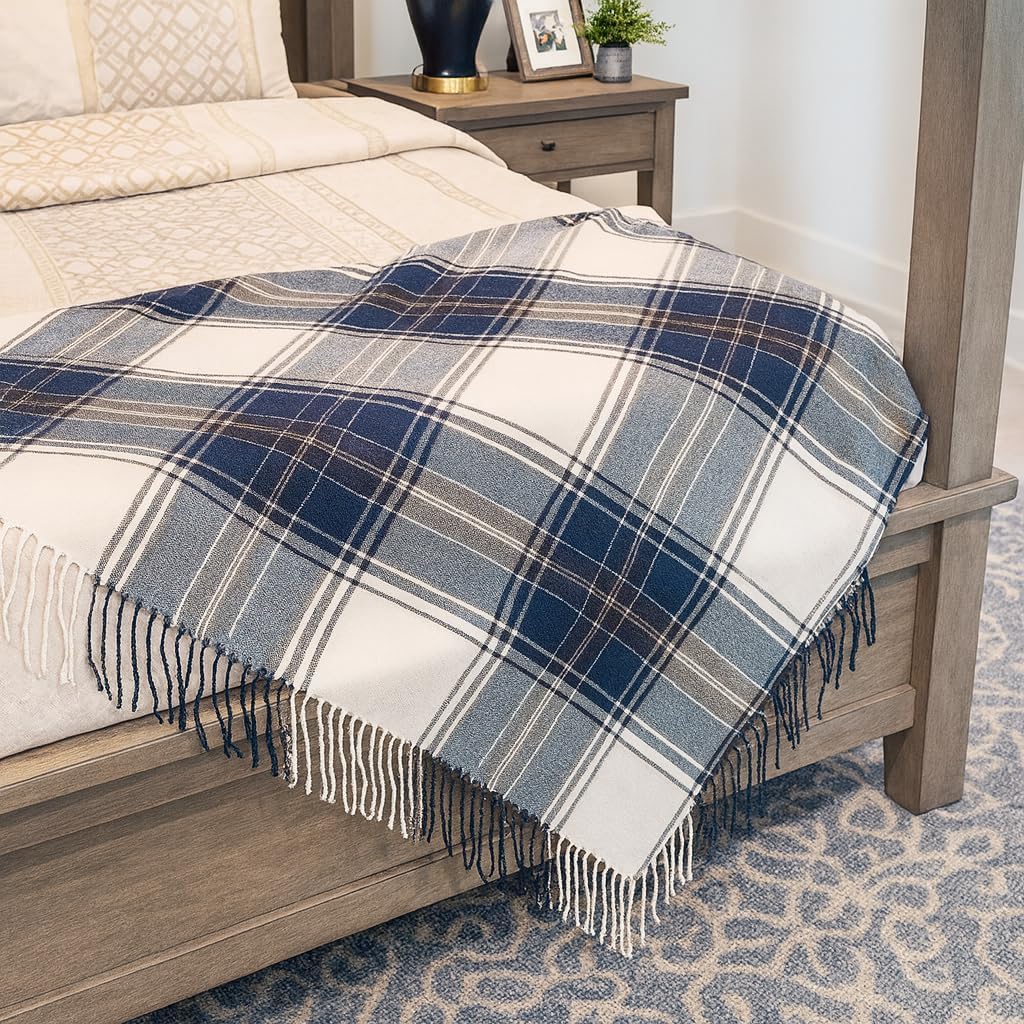Fennco Styles Classic Plaid Pattern Fringe Throw Blanket 50" W x 60" L - Navy Blue Rustic Cozy Blanket for Home, Couch, Bedroom, Living Room, Office, and Holiday Décor