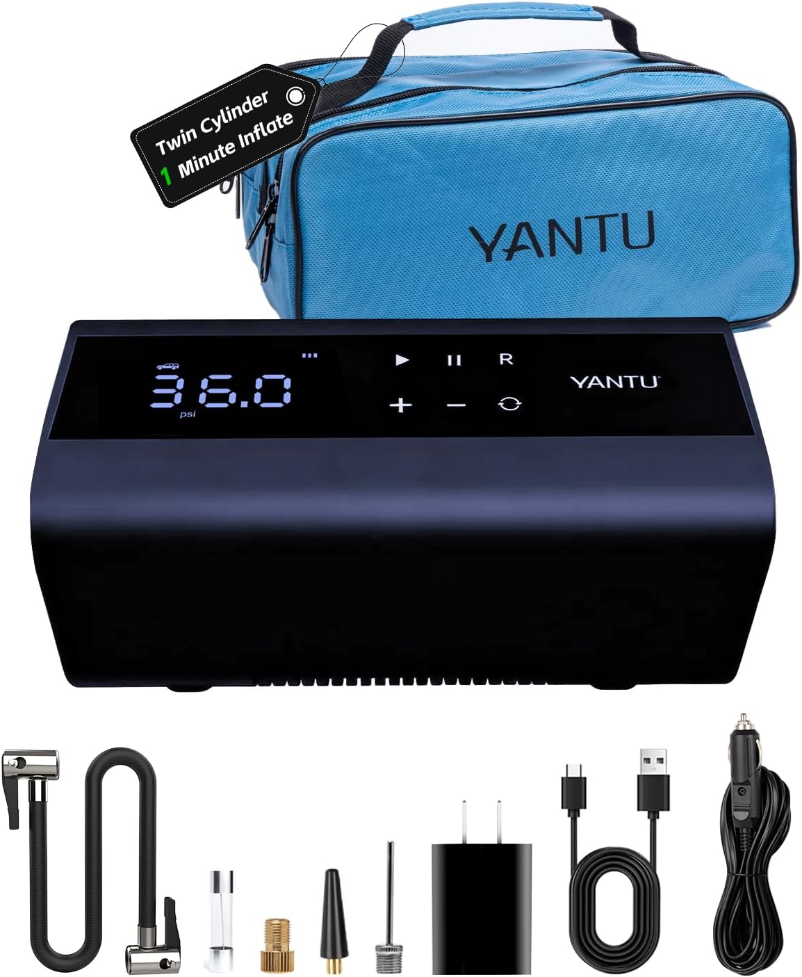 YANTU Dual Cylinder Tire Inflator Portable Air Compressor With 8.3-Inch Large Digital Screen,12V Cordless/battery powered Car Air Pump For Car Tires，Electric Auto Shut Off for Truck/Bike/Pickup/Moto