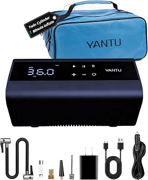 YANTU Dual Cylinder Tire Inflator Portable Air Compressor With 8.3-Inch Large Digital Screen,12V Cordless/battery powered Car Air Pump For Car Tires,Electric Auto Shut Off for Truck/Bike/Pickup/Moto