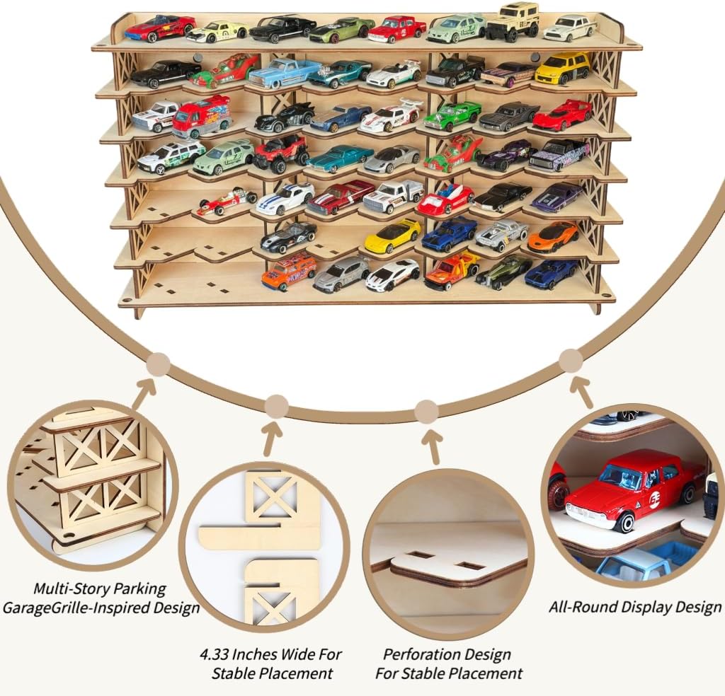 Wood Toy Car Display Rack, Holds 56 Diecast Cars Model Car Display Case 1/64 Scale Toy Cars Organizer Freestanding or Wall-Mounted Toy Car Storage Cabinet (Requires Assembly) (Wood, Large)