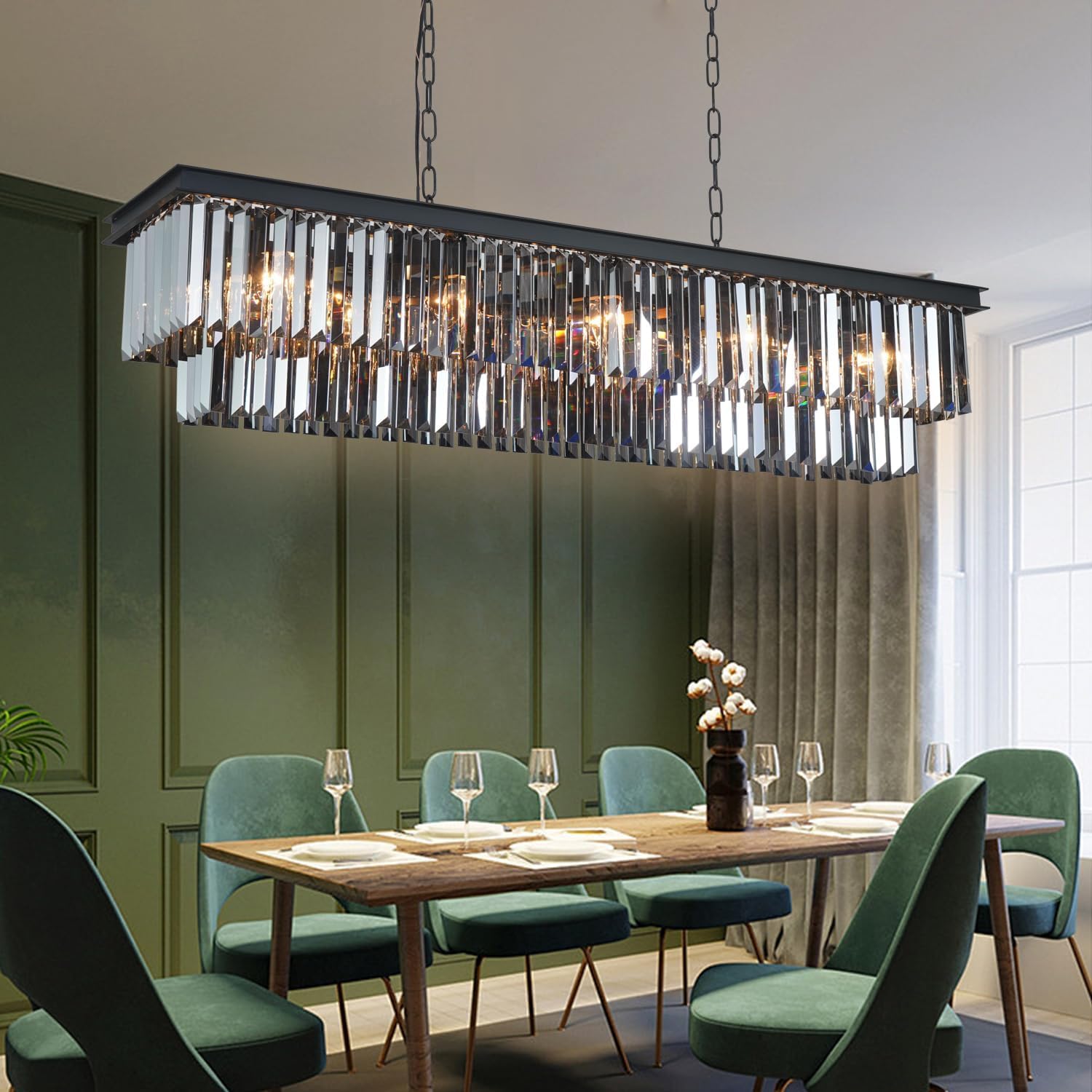 Crystal Chandeliers for Dining Room 47.3" 12 Lights Elegant Pendant Ceiling Lighting Rectangle Contemporary Pendant Light Fixture