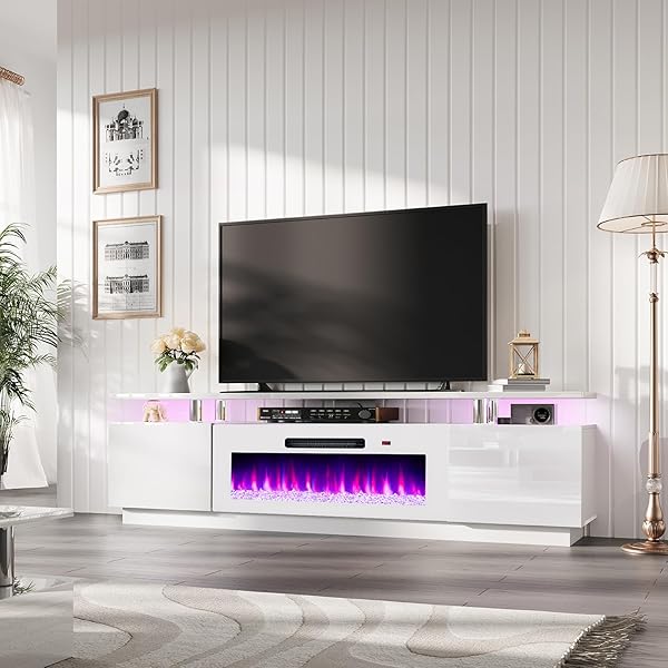 AMERLIFE Fireplace TV Stand with 40" Fireplace, 80" Modern Fireplace Entertainment Center LED Lights, 2 Tier TV Console Cabinet for TVs Up to 90", White & White
