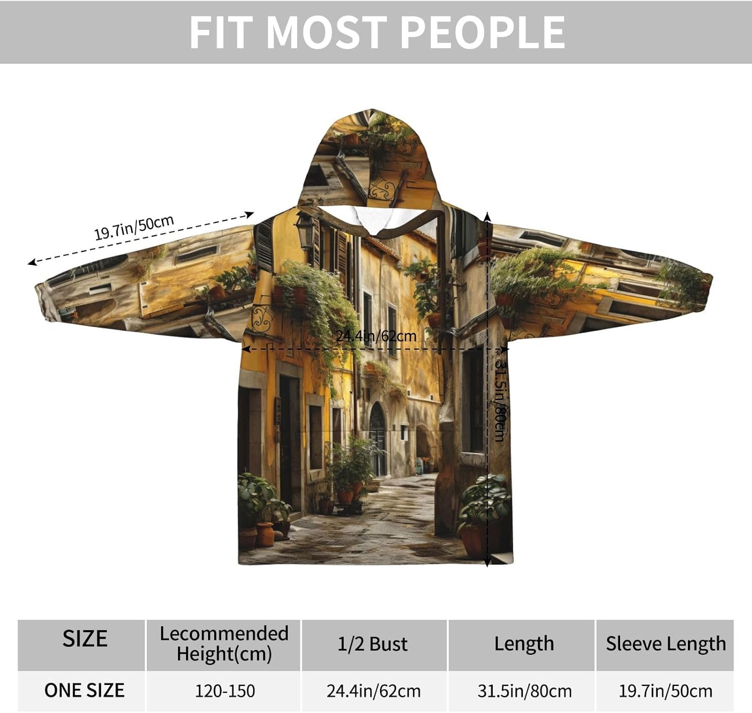 Italian Old Street Print Oversized Blanket Hoodie, Wearable Blanket Hooded,Hooded Pullover With Pocket