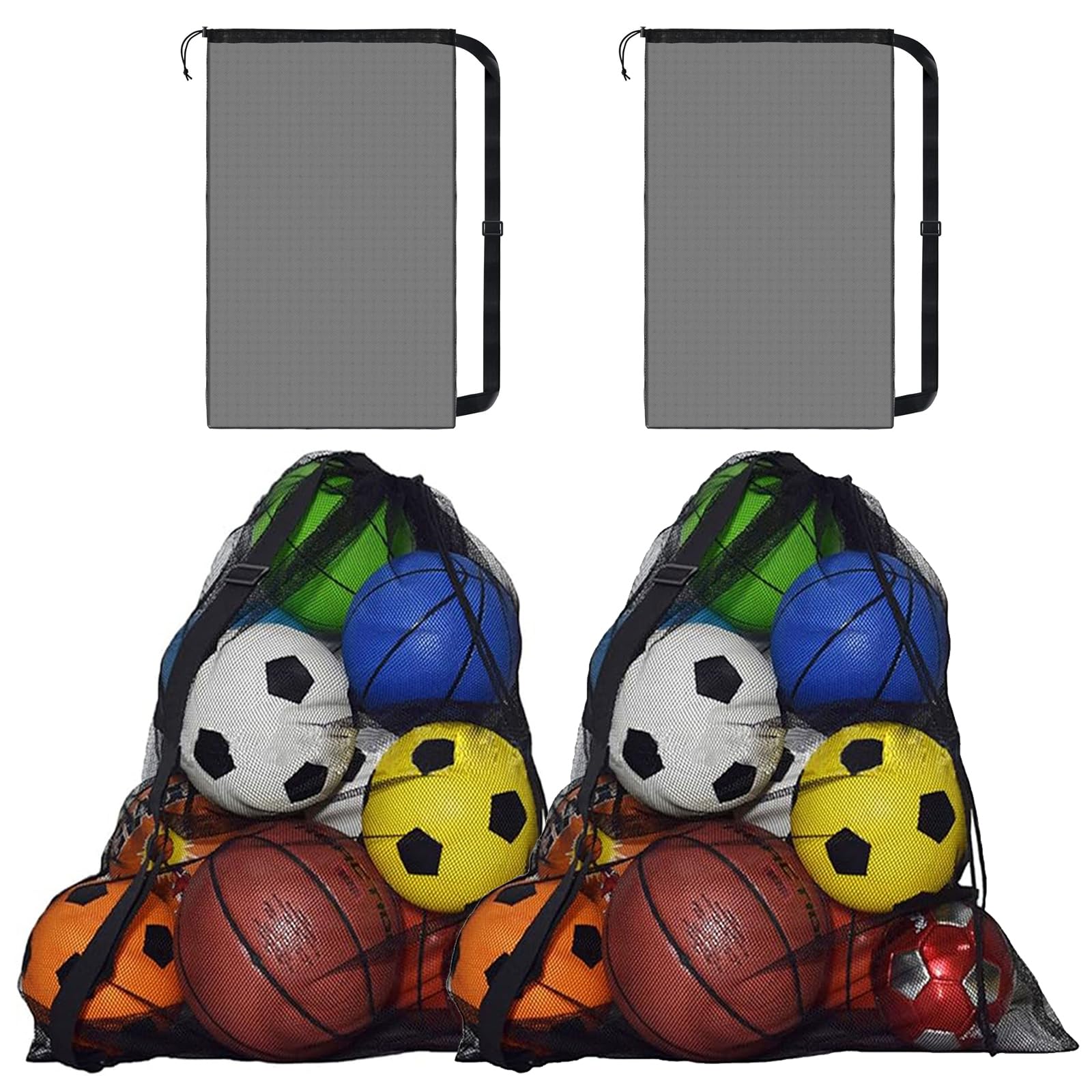 Wihozte Extra Large Sports Ball Bag, 2 Pcs Ball Bags for Football with Adjustable Shoulder Strap, Drawstring Mesh Ball Bag for Basketball Football Rugby Ball and Volleyball (Black)