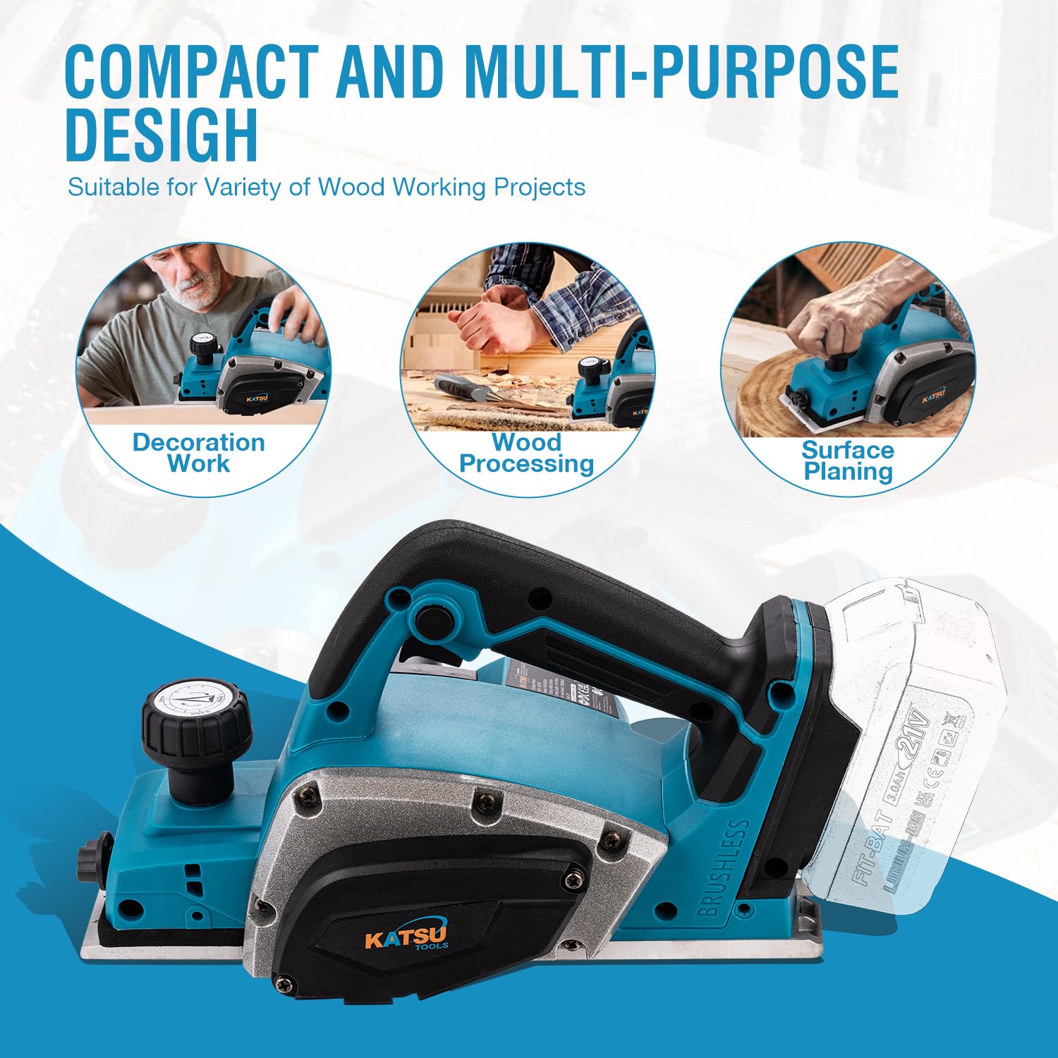 KATSU FIT-BAT Pialla Cordless 21V Brushless 82mm, Prof. 2mm, Base in Alluminio con 3 Scanalature a V, Lame Extra, Senza Batteria e Caricatore