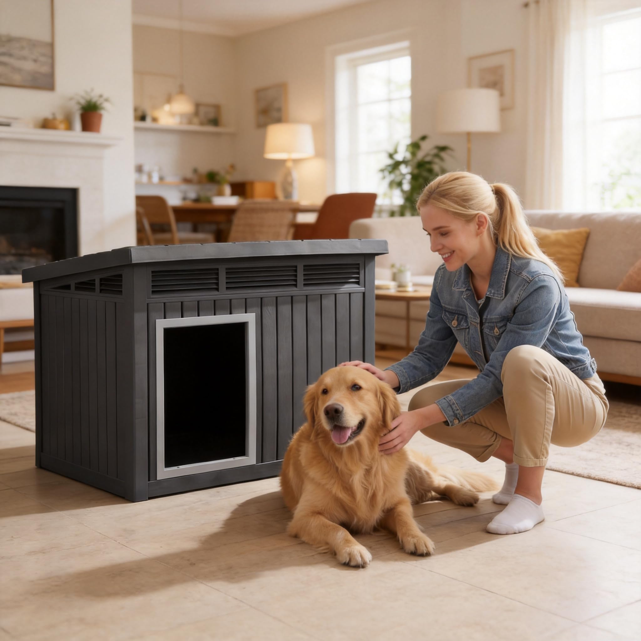 GYMAX Hundehütte Outdoor, Hundehaus für mittelgroße Hunde, Isoliert & Wetterfest, Kleintierhaus mit aufklappbarem Schrägdach, Lüftungsöffnungen & Drainagelöchern, 81 x 64 x 61 cm, Schwarz
