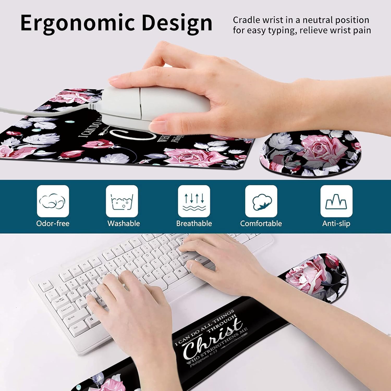 Mouse Pad with Wrist Rest+Keyboard Wrist Rest+Coaster, All in One Mouse Pad Set of 4 for Easy Typing Pain Relief, RYUITHDJP Memory Foam Wrist Support for Office Home Inspirational Quote Christian