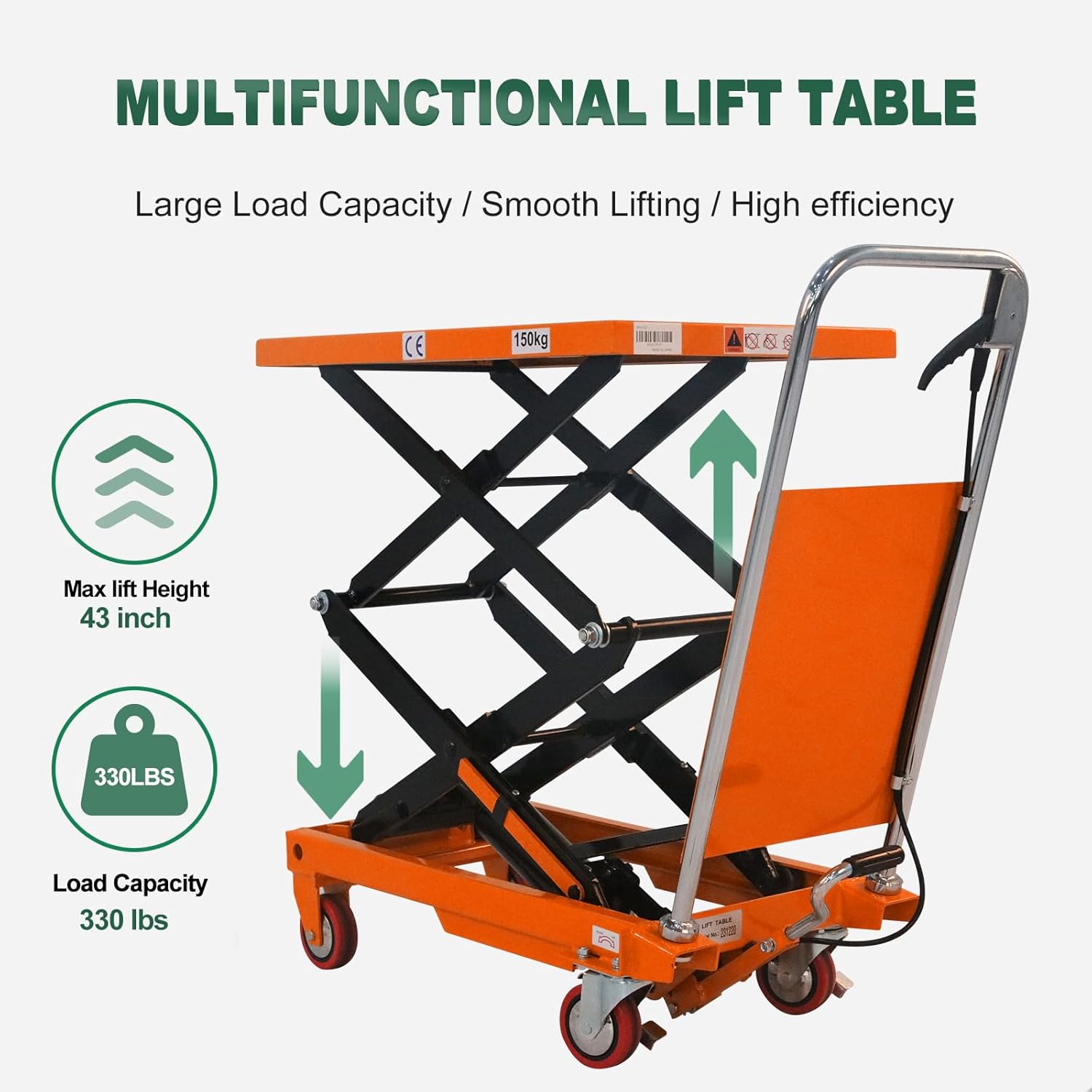 Tory Carrier Double Scissor Lift Table Cart, 330 Lbs Capacity, Hydraulic Lift Cart 43.3" Lifting Height, Manual Scissor Lift Table W/4 Wheels, Foot Pump, Elevating Hydraulic for Material Handling